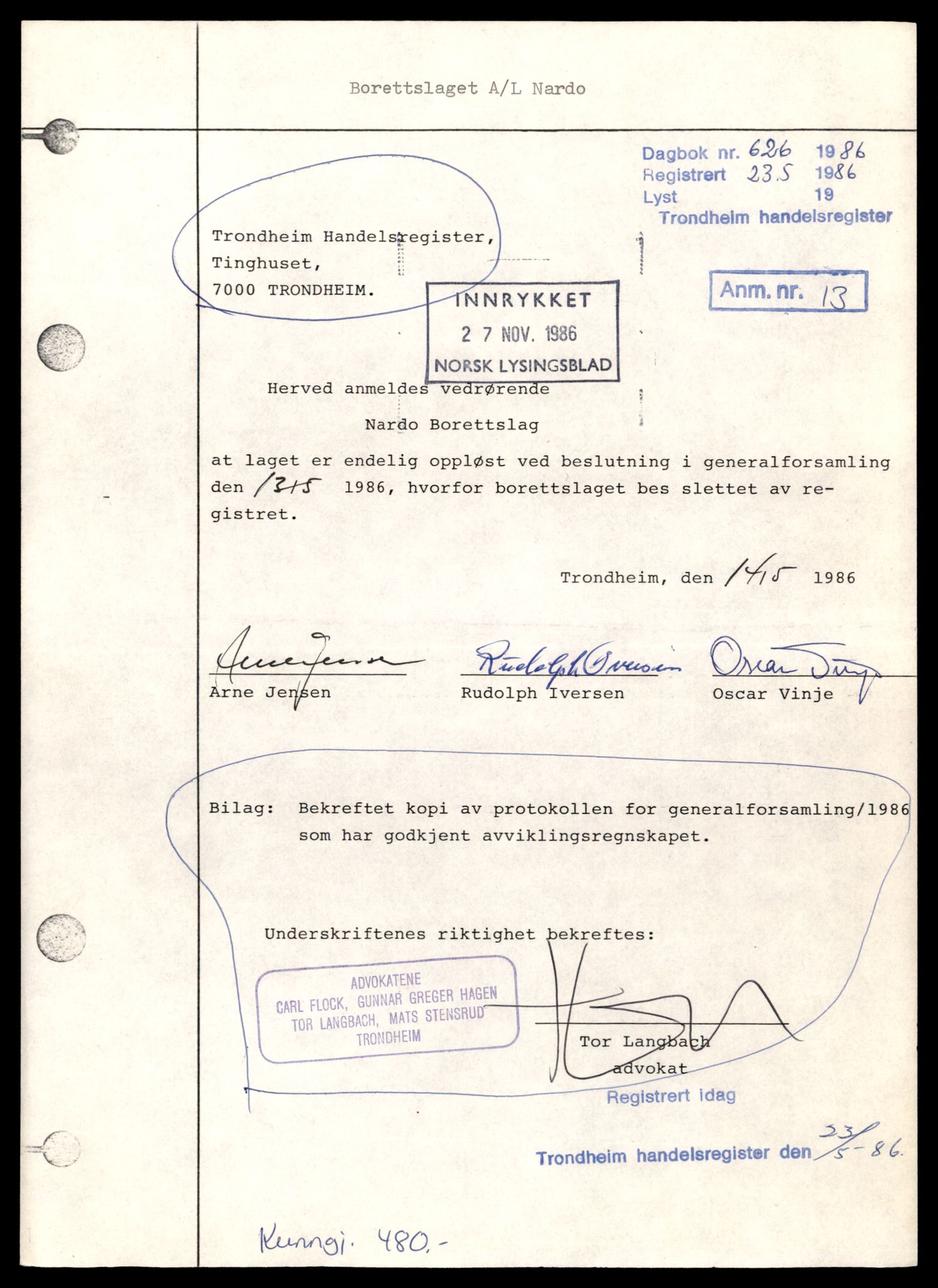Trondheim byfogd, AV/SAT-A-0003/2/J/Jd/Jdb/L0096: Aksjeselskap, andelslag og borettslag, Nar-Nor, 1986-1987, s. 1