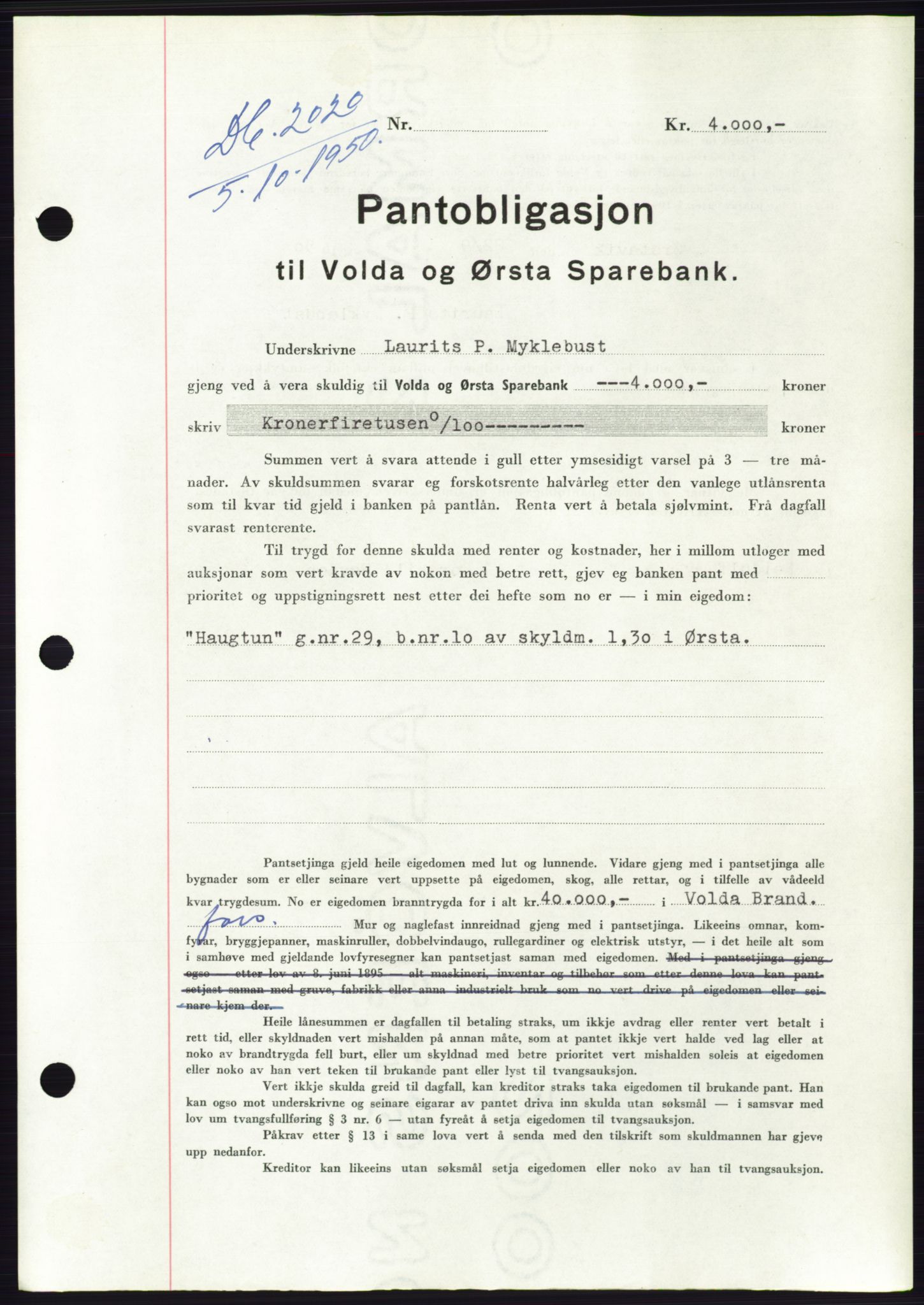 Søre Sunnmøre sorenskriveri, SAT/A-4122/1/2/2C/L0119: Pantebok nr. 7B, 1950-1951, Dagboknr: 2020/1950