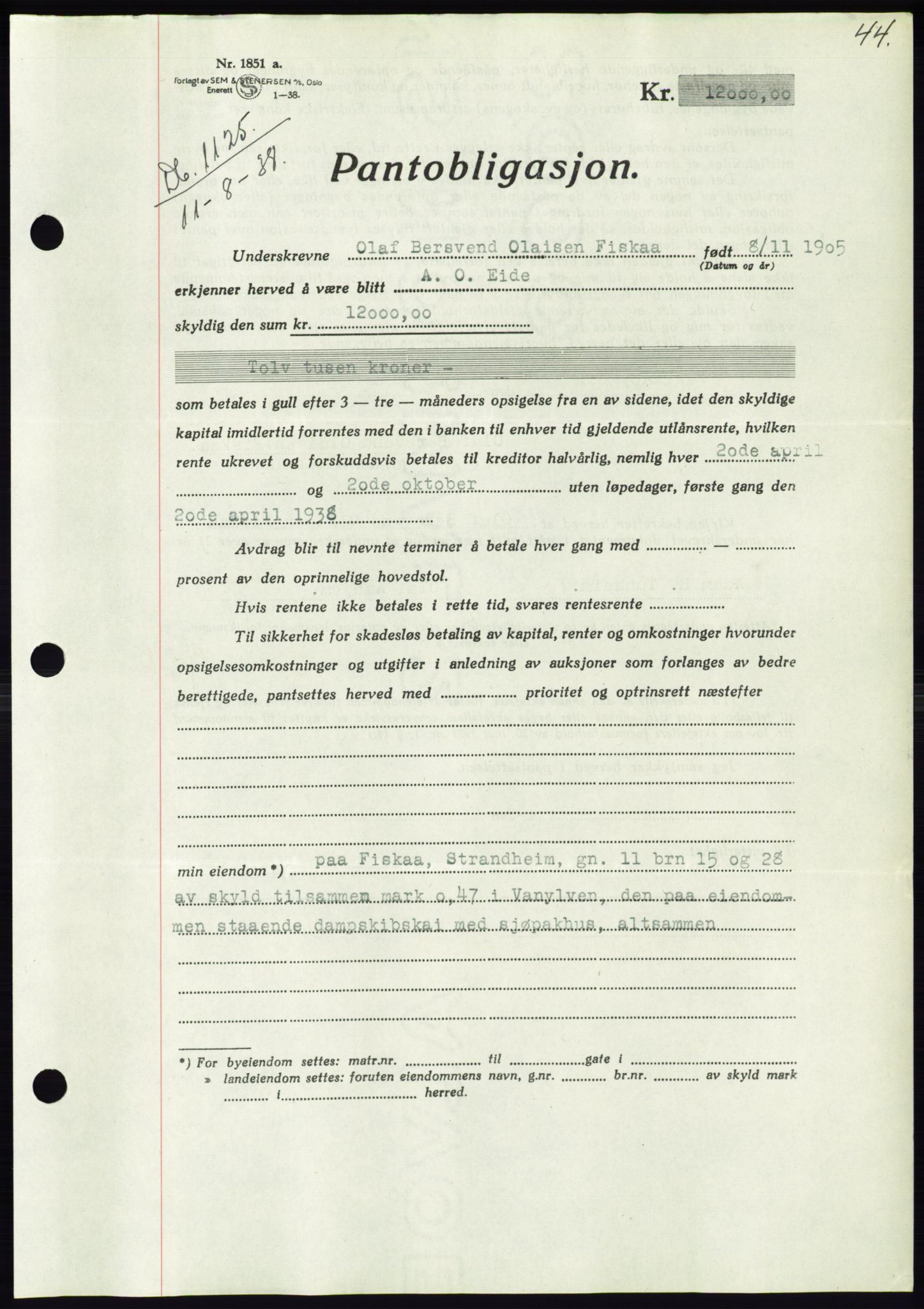 Søre Sunnmøre sorenskriveri, AV/SAT-A-4122/1/2/2C/L0066: Pantebok nr. 60, 1938-1938, Dagboknr: 1125/1938