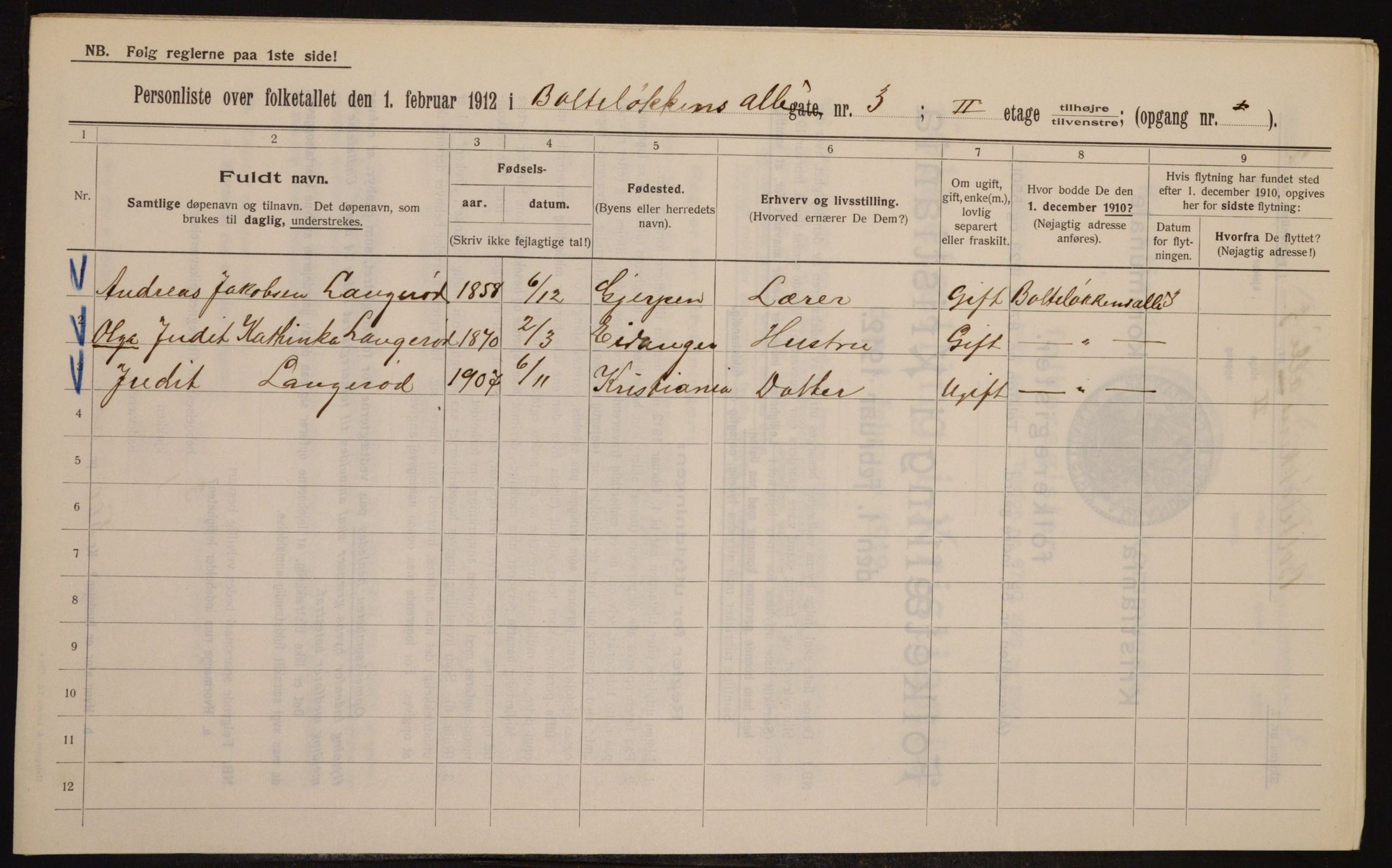 OBA, Kommunal folketelling 1.2.1912 for Kristiania, 1912, s. 7486