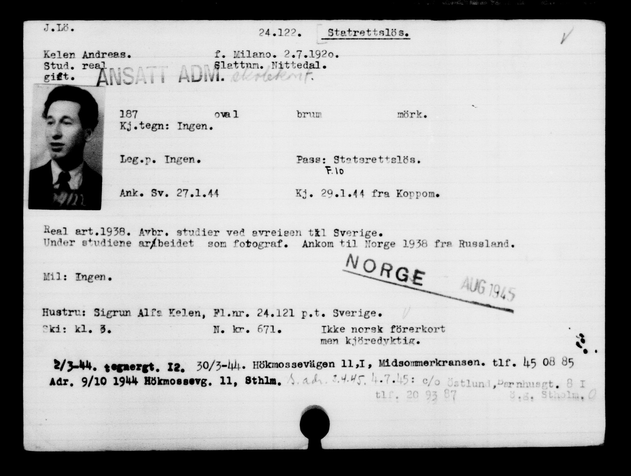 Utenriksstasjonene, Legasjonen i Stockholm, Flyktningkontoret, AV/RA-S-6753/V/Va/L0010: Kjesäterkartoteket, flyktninger med registreringsnr. 22000-25314, 1940-1945, s. 2247
