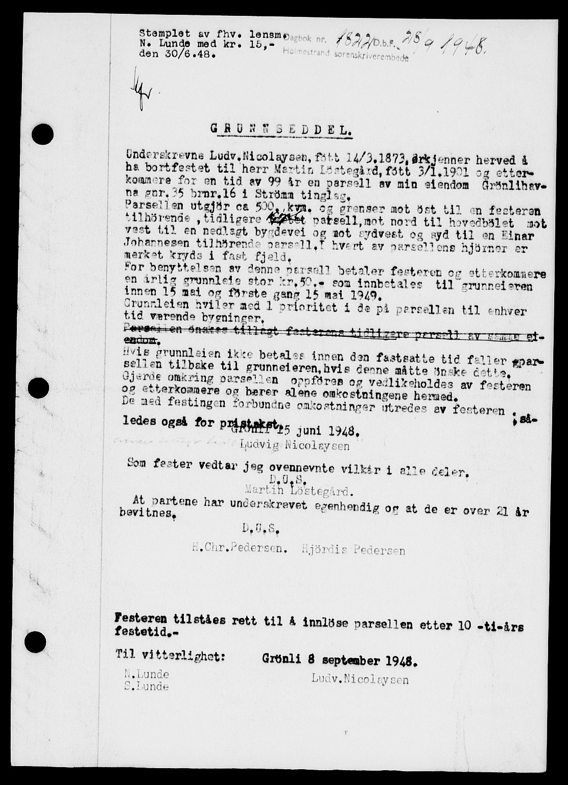 Holmestrand sorenskriveri, SAKO/A-67/G/Ga/Gaa/L0064: Pantebok nr. A-64, 1948-1948, Dagboknr: 1822/1948