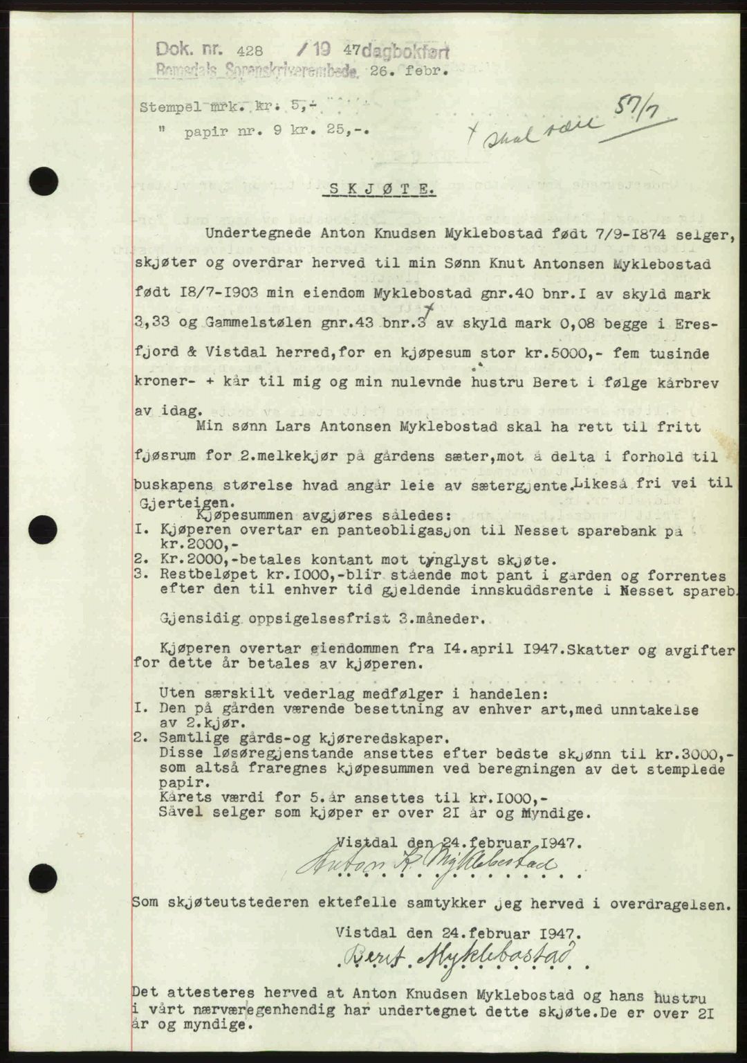 Romsdal sorenskriveri, SAT/A-4149/1/2/2C: Pantebok nr. A22, 1947-1947, Dagboknr: 428/1947