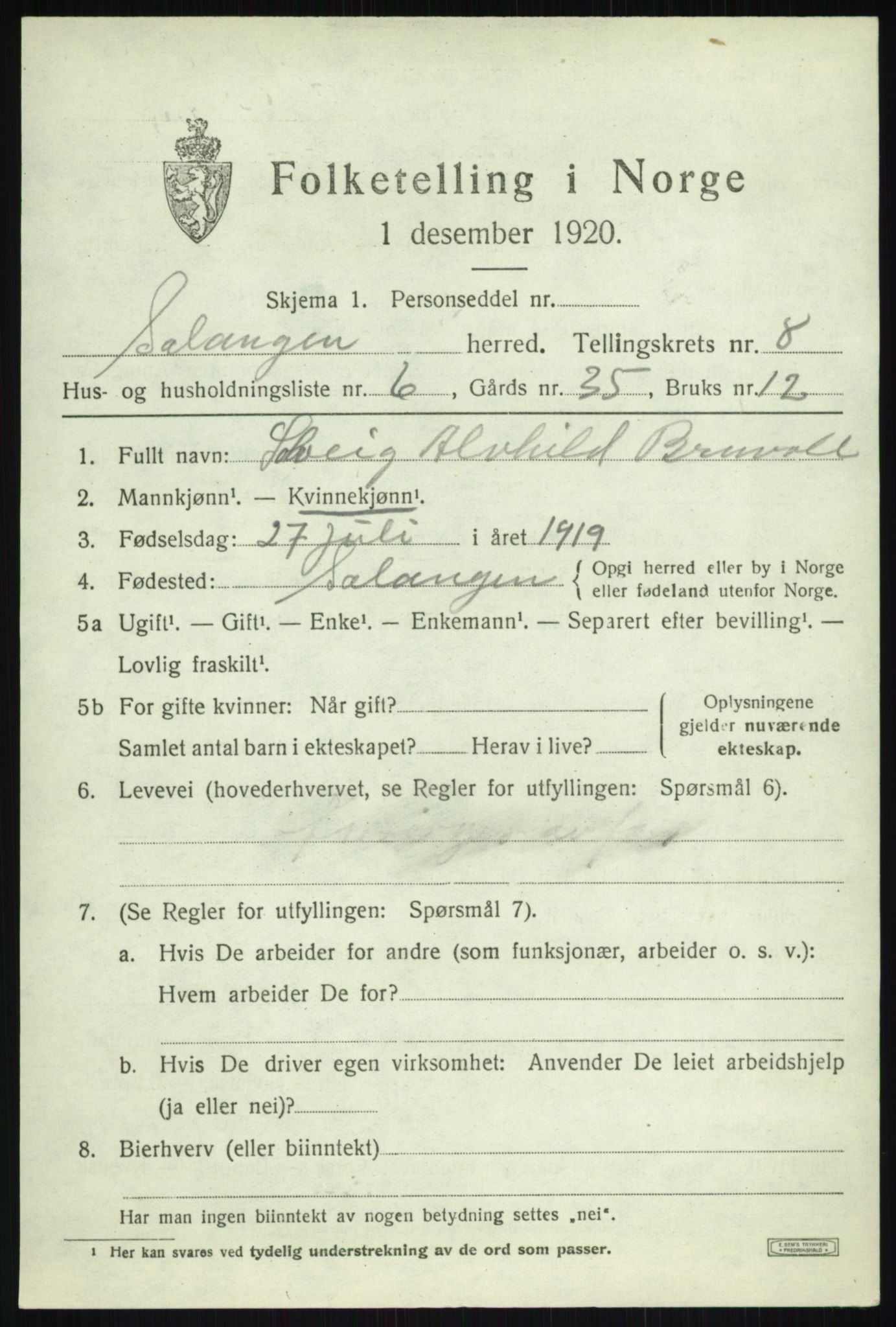 SATØ, Folketelling 1920 for 1921 Salangen herred, 1920, s. 5270
