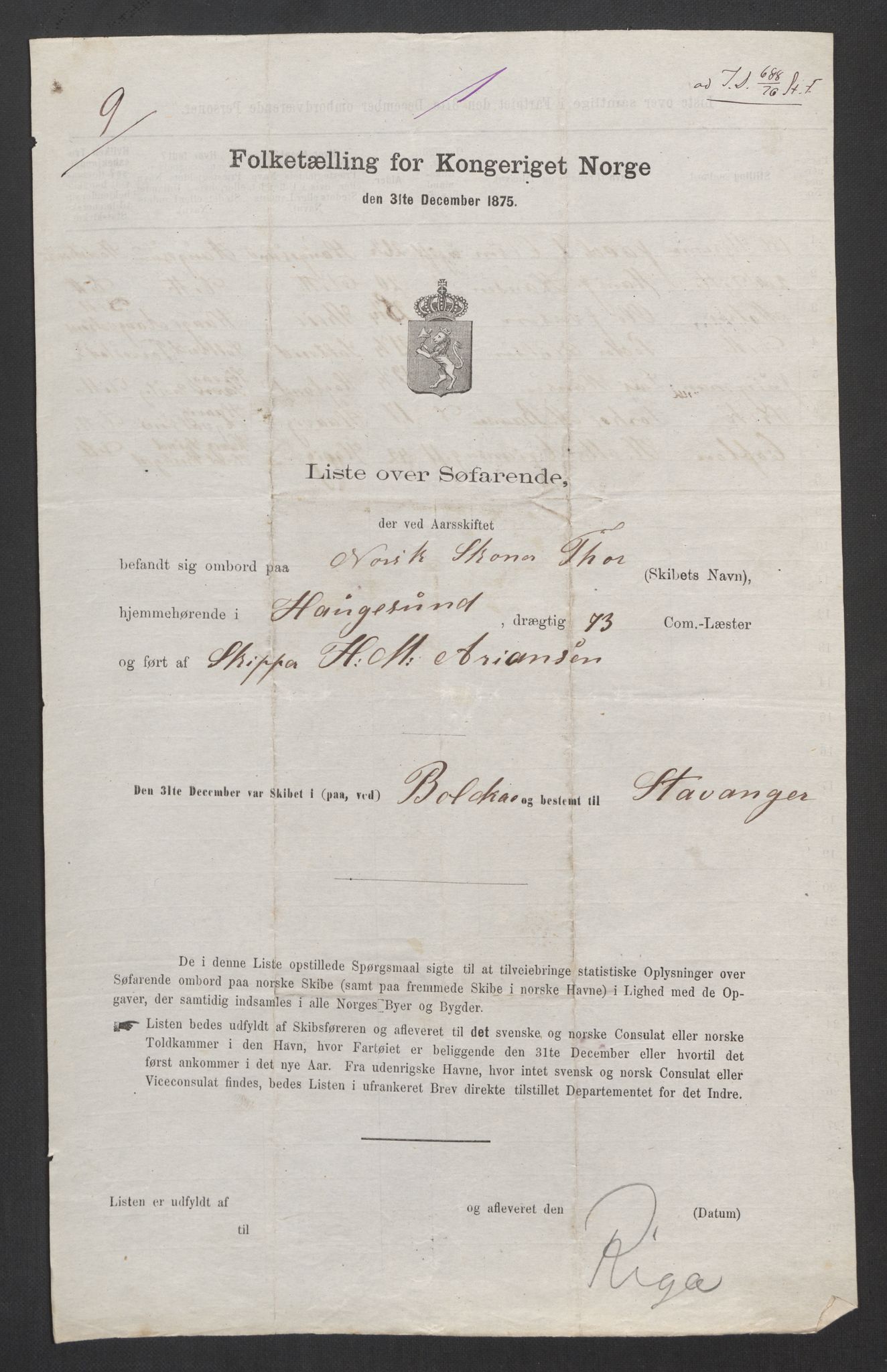 RA, Folketelling 1875, skipslister: Skip i utenrikske havner, hjemmehørende i 1) byer og ladesteder, Grimstad - Tromsø, 2) landdistrikter, 1875, s. 769