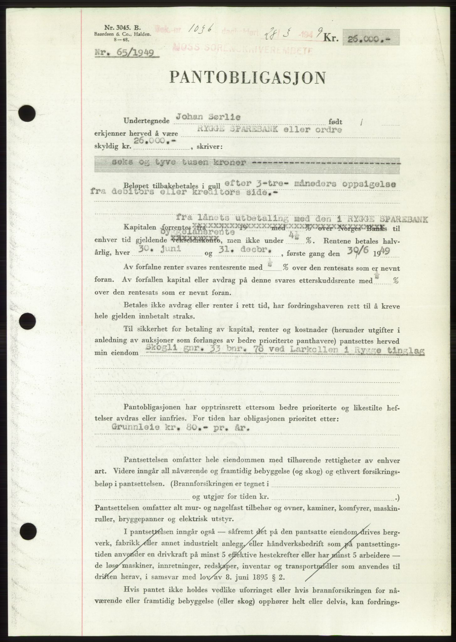 Moss sorenskriveri, SAO/A-10168: Pantebok nr. B21, 1949-1949, Dagboknr: 1036/1949