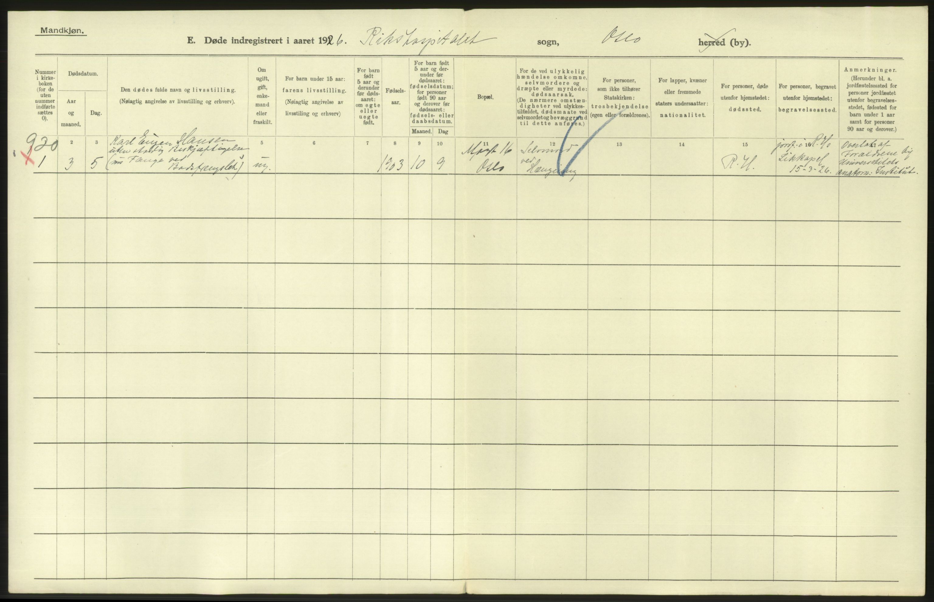 Statistisk sentralbyrå, Sosiodemografiske emner, Befolkning, AV/RA-S-2228/D/Df/Dfc/Dfcf/L0009: Oslo: Døde menn, 1926, s. 616