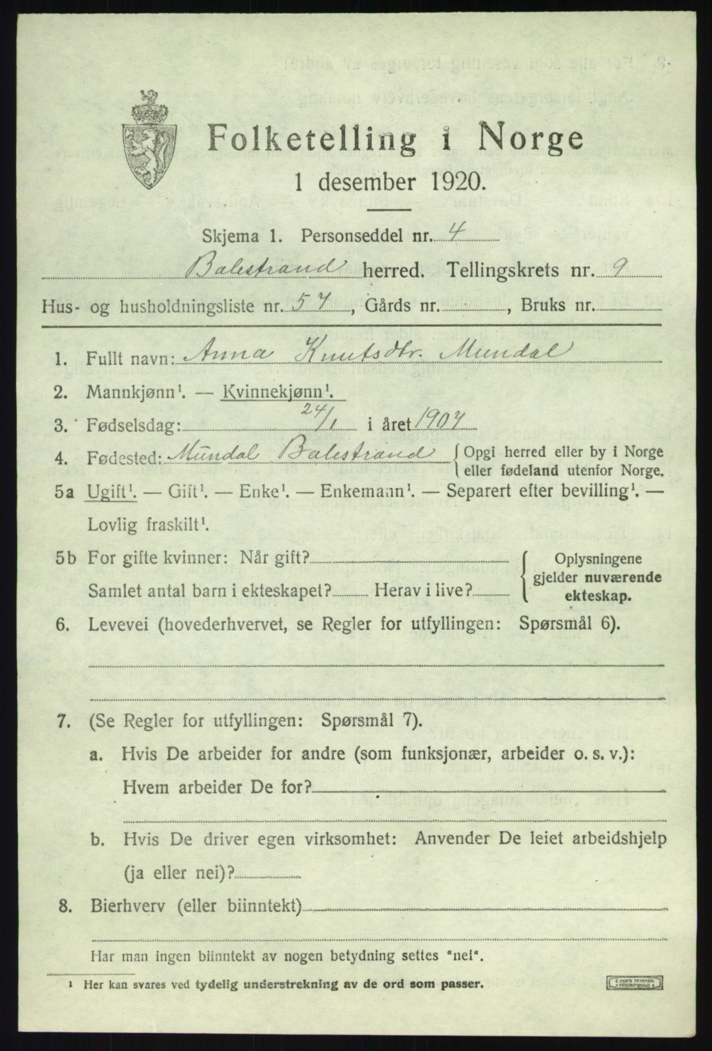 SAB, Folketelling 1920 for 1418 Balestrand herred, 1920, s. 4610