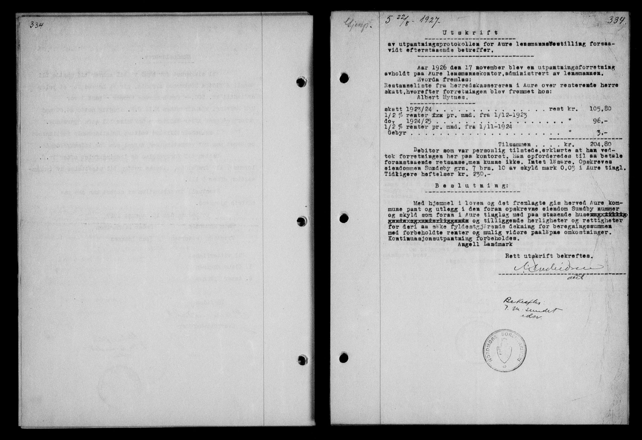 Nordmøre sorenskriveri, AV/SAT-A-4132/1/2/2Ca/L0062: Pantebok nr. 52, 1927-1927, Tingl.dato: 22.08.1927