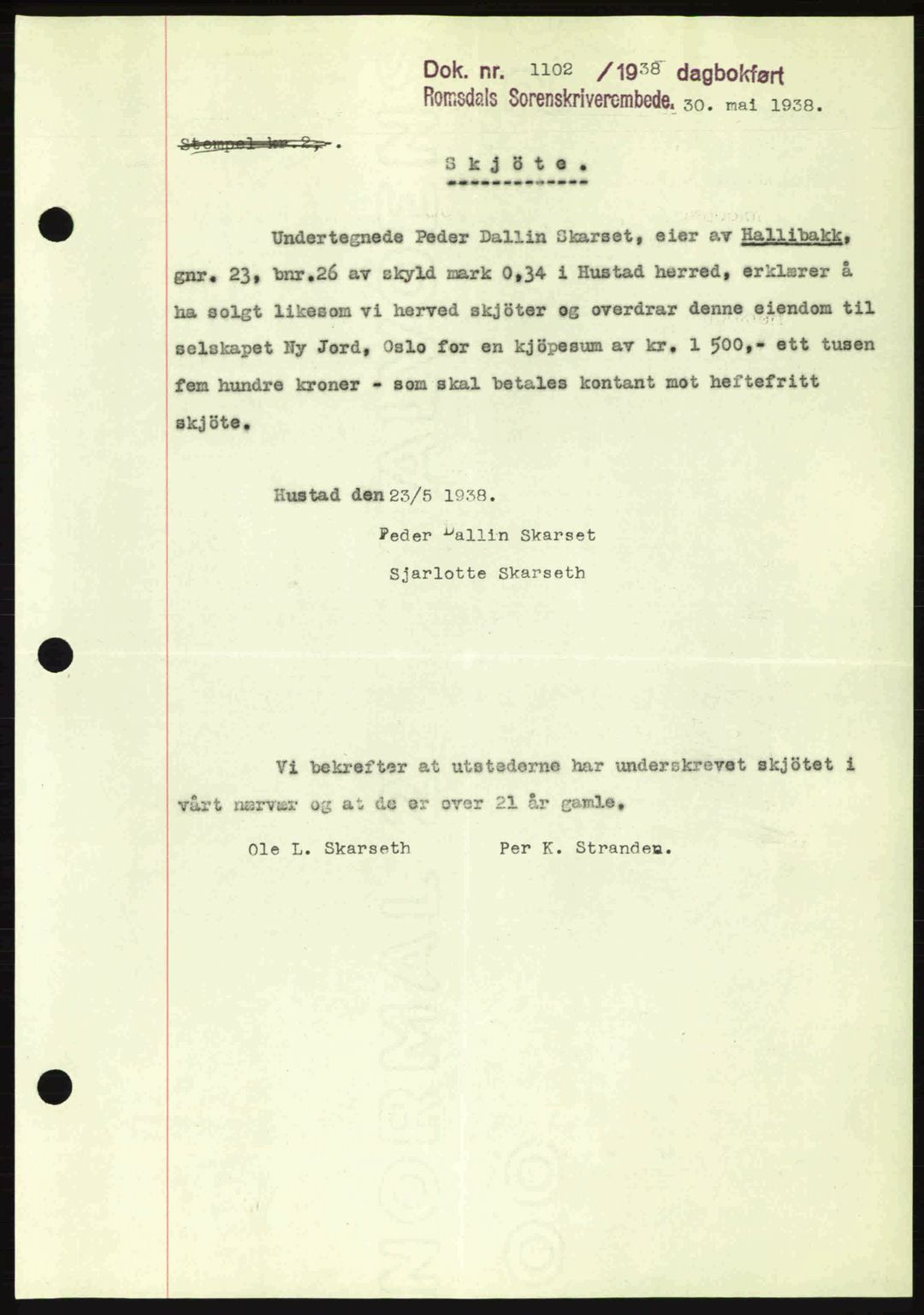 Romsdal sorenskriveri, SAT/A-4149/1/2/2C: Pantebok nr. A5, 1938-1938, Dagboknr: 1102/1938