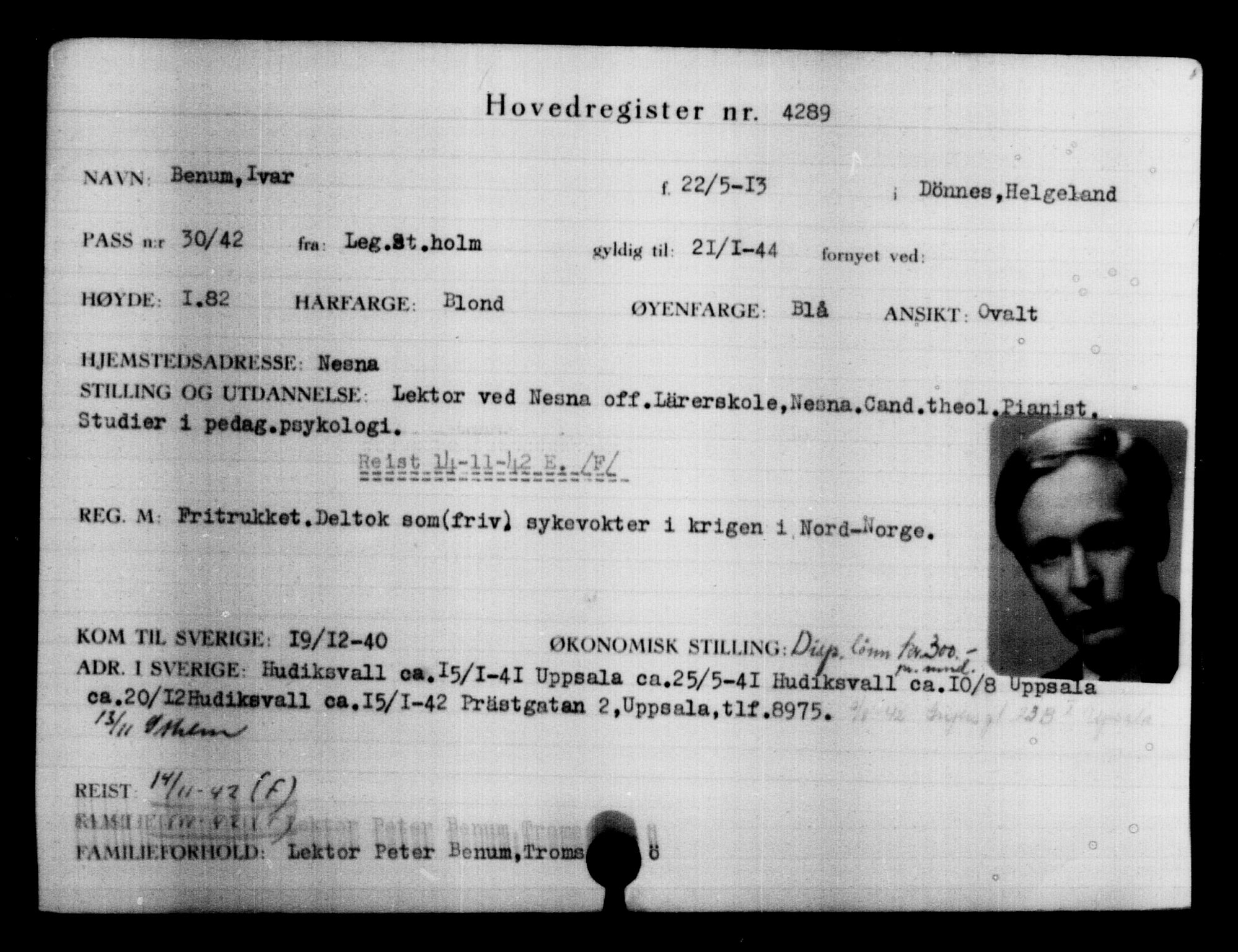 Utenriksstasjonene, Legasjonen i Stockholm, Flyktningkontoret, AV/RA-S-6753/V/Va/L0004: Kjesäterkartoteket, flyktninger med registreringsnr. 3496-6610, 1940-1945, s. 961