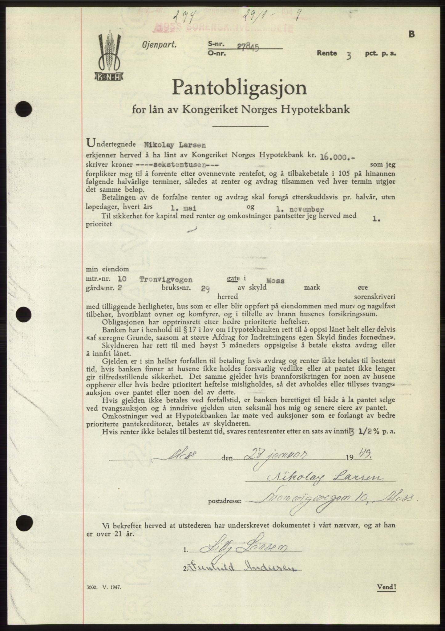 Moss sorenskriveri, SAO/A-10168: Pantebok nr. B21, 1949-1949, Dagboknr: 274/1949