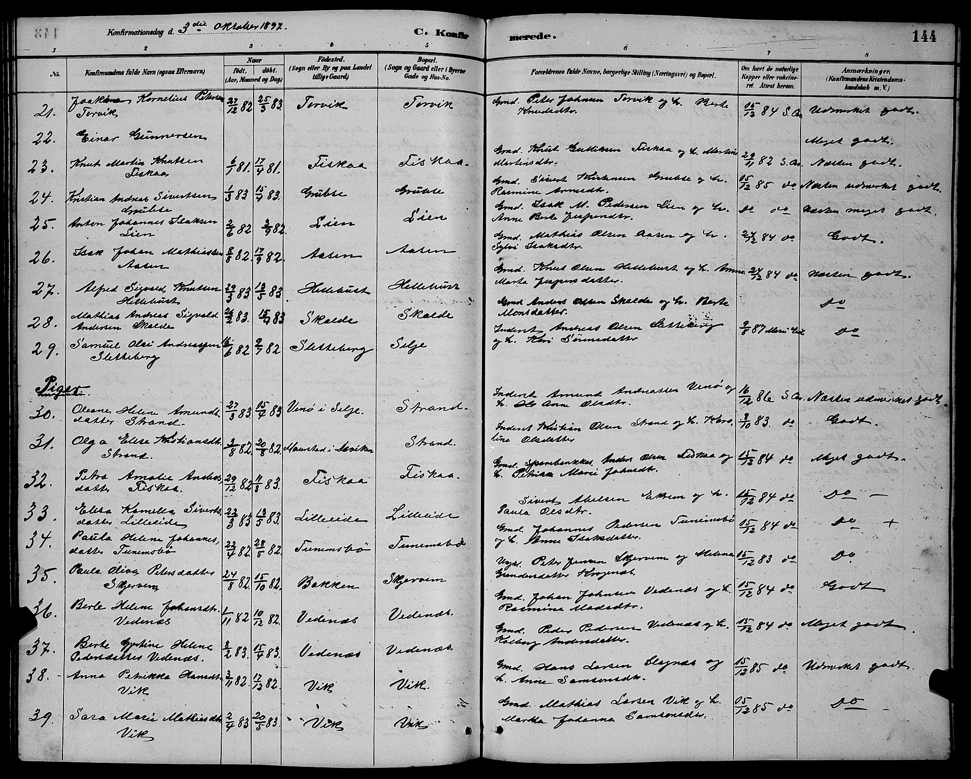 Ministerialprotokoller, klokkerbøker og fødselsregistre - Møre og Romsdal, AV/SAT-A-1454/501/L0017: Klokkerbok nr. 501C03, 1885-1901, s. 144