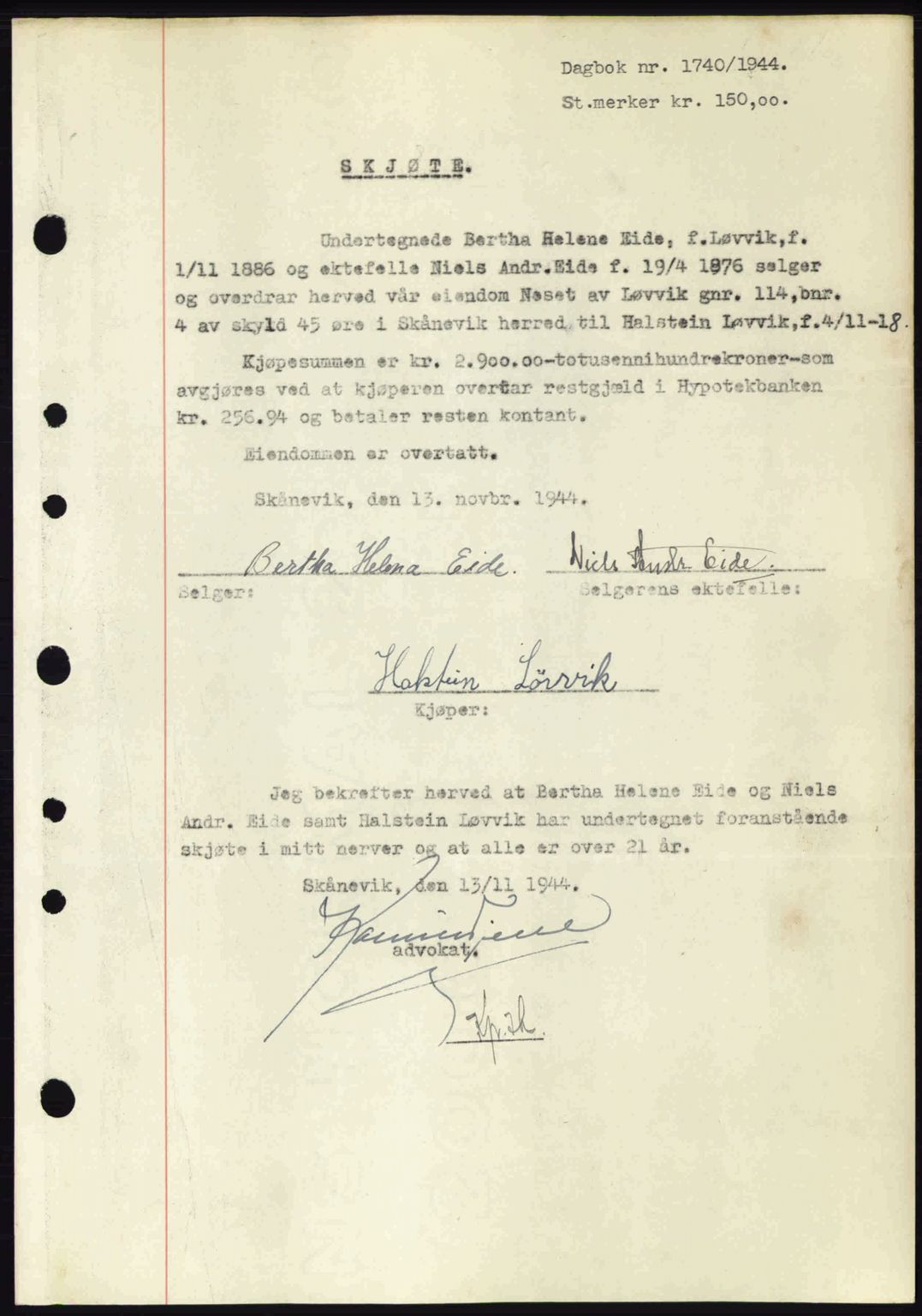 Sunnhordland sorenskrivar, AV/SAB-A-2401: Pantebok nr. A76, 1944-1945, Dagboknr: 1740/1944