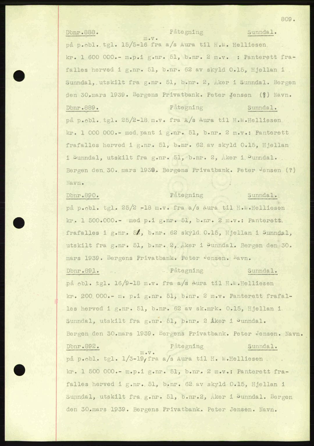 Nordmøre sorenskriveri, SAT/A-4132/1/2/2Ca: Pantebok nr. C80, 1936-1939, Dagboknr: 888/1939