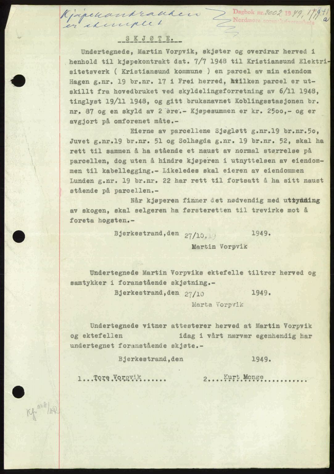 Nordmøre sorenskriveri, SAT/A-4132/1/2/2Ca: Pantebok nr. A112, 1949-1949, Dagboknr: 3002/1949