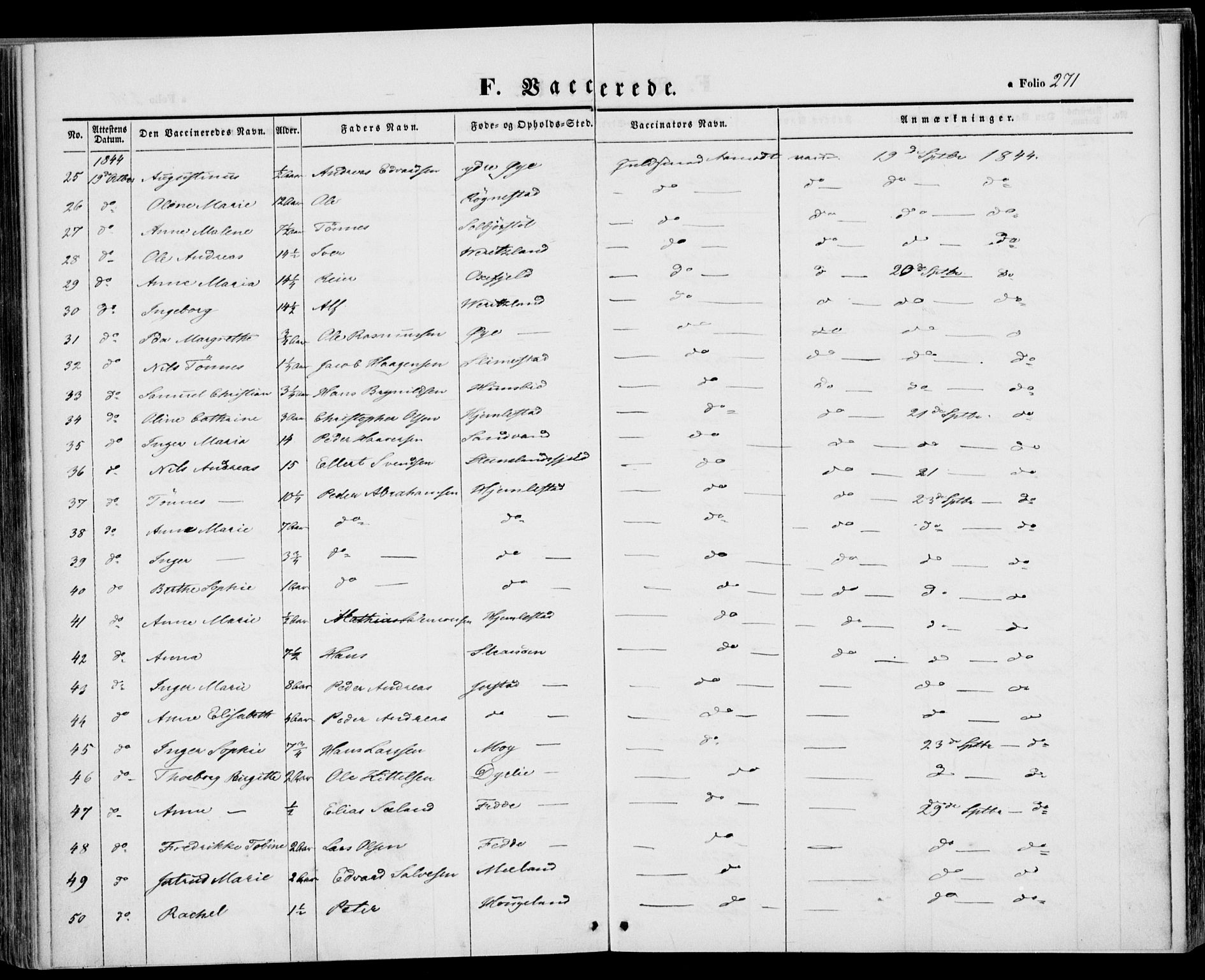 Kvinesdal sokneprestkontor, SAK/1111-0026/F/Fa/Fab/L0005: Ministerialbok nr. A 5, 1844-1857, s. 271