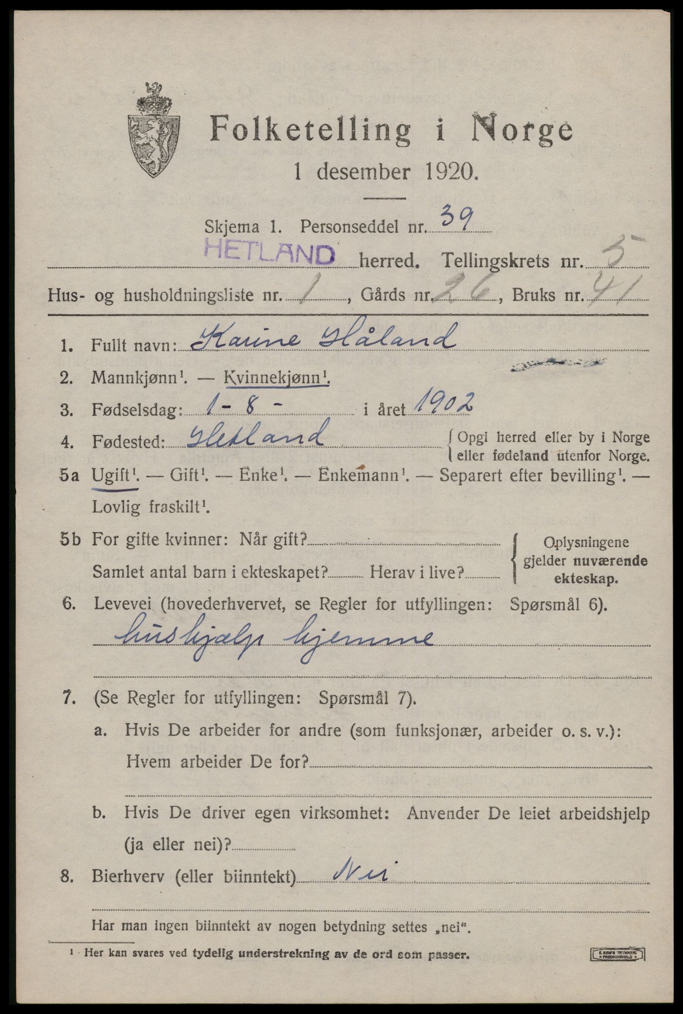 SAST, Folketelling 1920 for 1126 Hetland herred, 1920, s. 8227