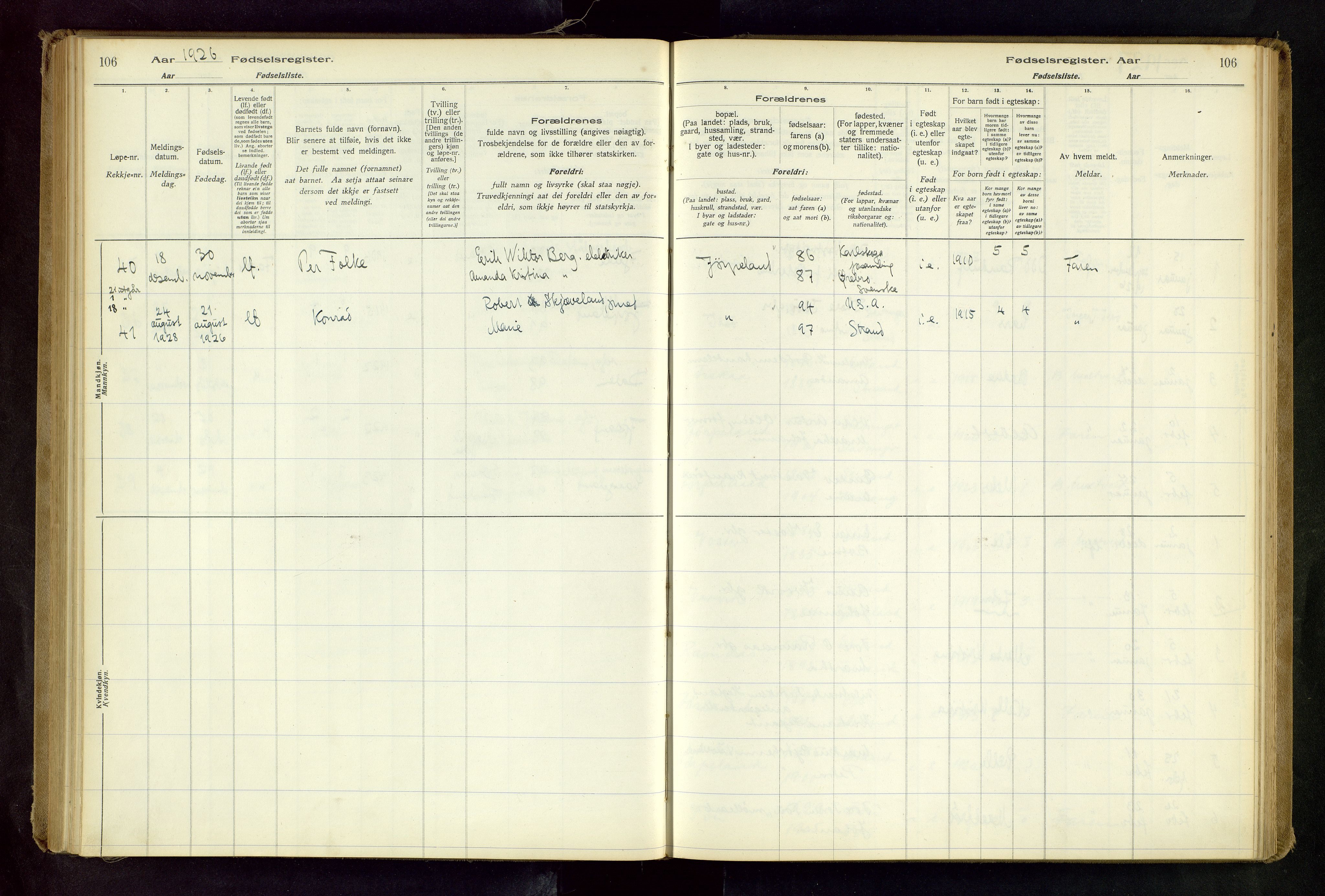Strand sokneprestkontor, SAST/A-101828/I/Id/L0001: Fødselsregister nr. 1, 1916-1938, s. 106
