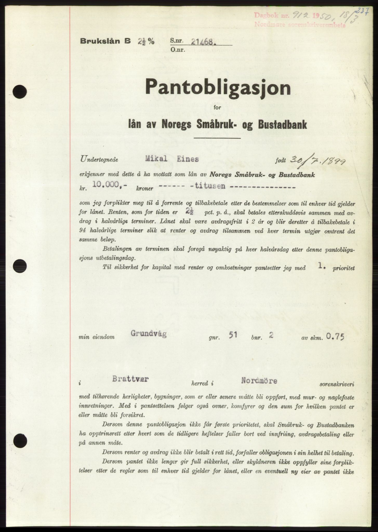 Nordmøre sorenskriveri, SAT/A-4132/1/2/2Ca: Pantebok nr. B104, 1950-1950, Dagboknr: 912/1950