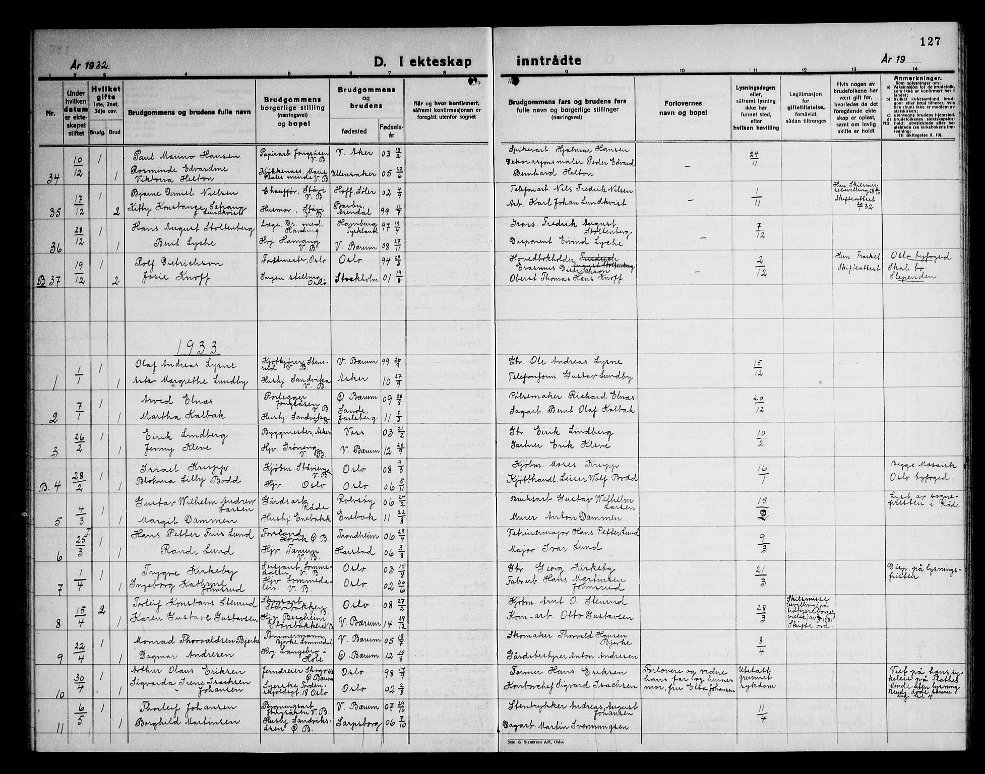 Vestre Bærum prestekontor Kirkebøker, SAO/A-10209a/G/L0002: Klokkerbok nr. 2, 1931-1947, s. 127