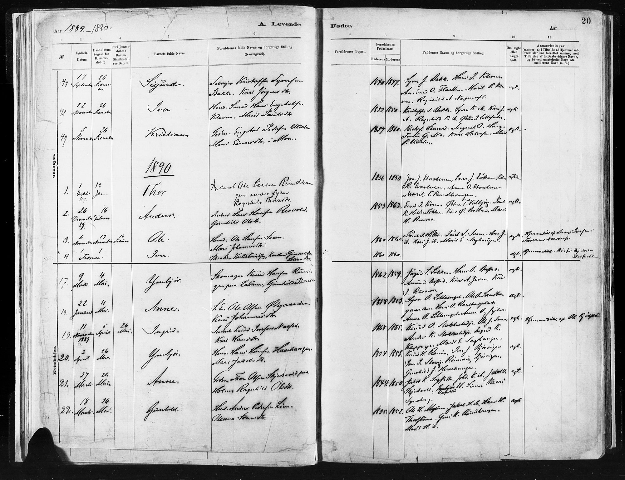 Vågå prestekontor, AV/SAH-PREST-076/H/Ha/Haa/L0009: Ministerialbok nr. 9, 1886-1904, s. 20