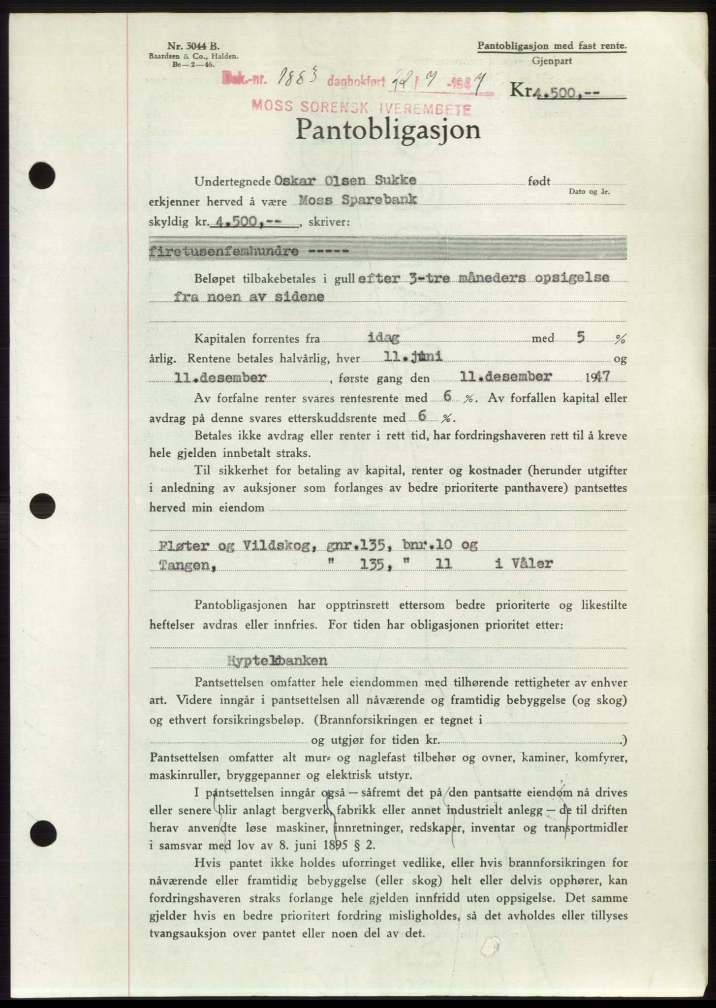 Moss sorenskriveri, SAO/A-10168: Pantebok nr. B17, 1947-1947, Dagboknr: 1883/1947