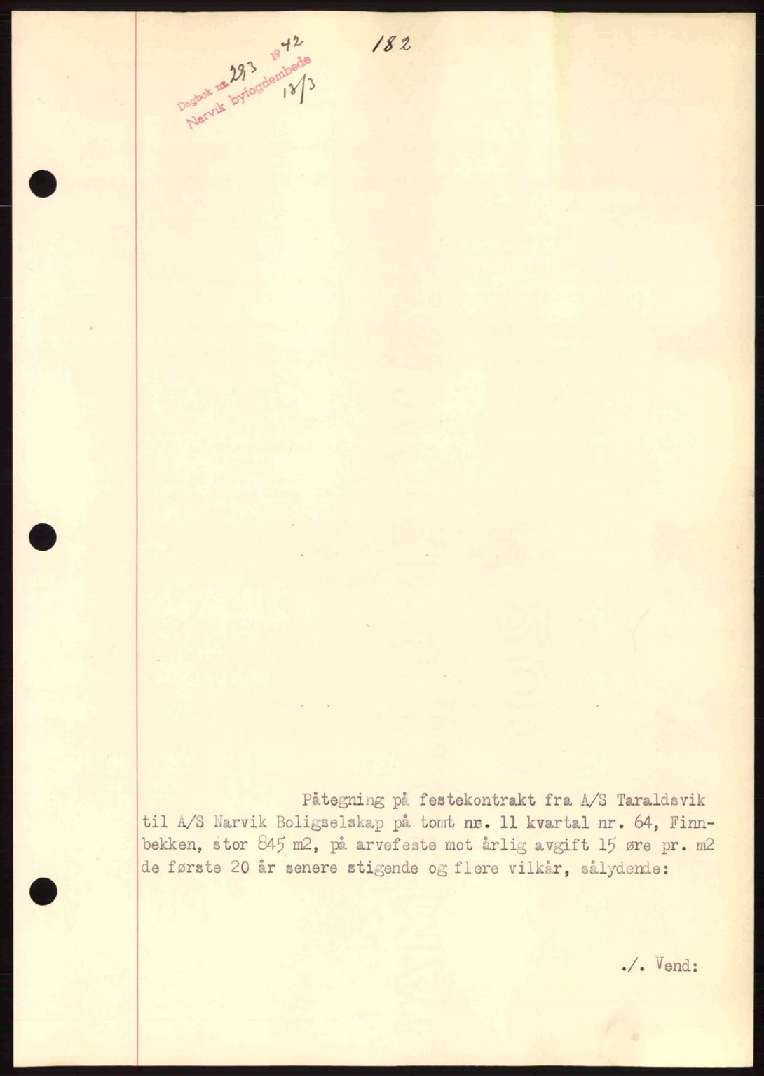 Narvik sorenskriveri, SAT/A-0002/1/2/2C/2Ca: Pantebok nr. A19, 1942-1943, Dagboknr: 293/1942