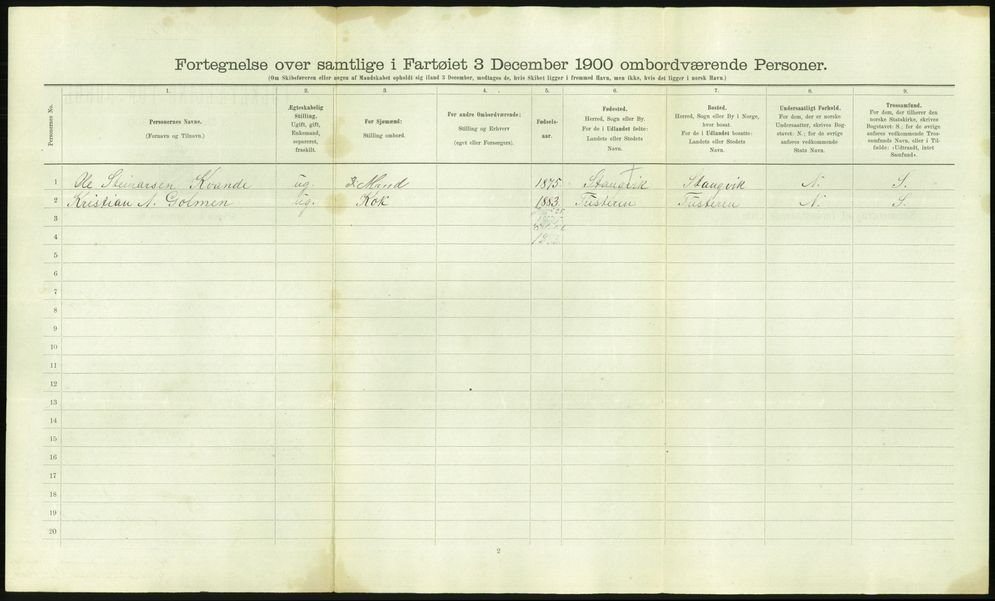 RA, Folketelling 1900 - skipslister med personlister for skip i norske havner, utenlandske havner og til havs, 1900, s. 2292