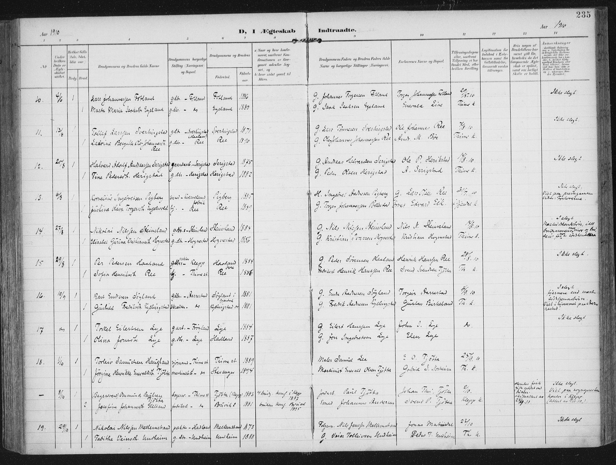 Lye sokneprestkontor, AV/SAST-A-101794/002/A/L0001: Ministerialbok nr. A 12, 1904-1920, s. 235