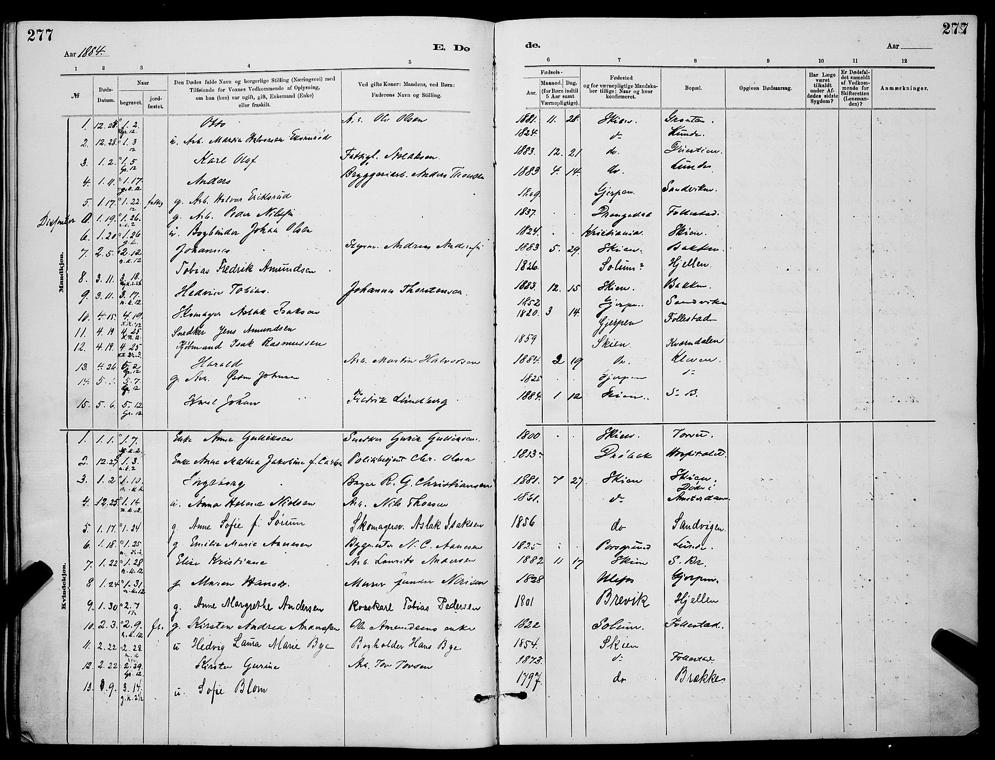 Skien kirkebøker, AV/SAKO-A-302/G/Ga/L0006: Klokkerbok nr. 6, 1881-1890, s. 277