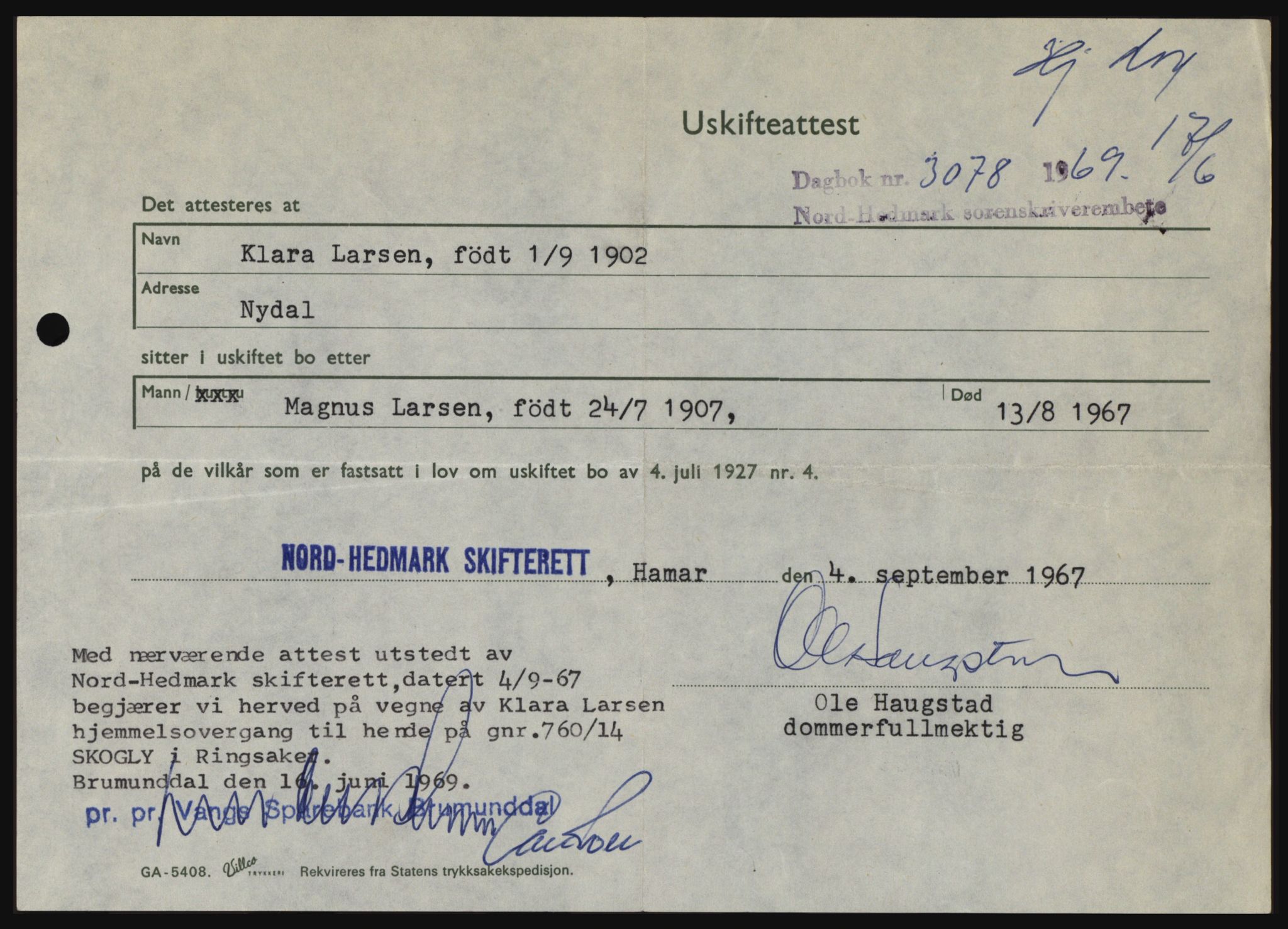 Nord-Hedmark sorenskriveri, SAH/TING-012/H/Hc/L0030: Pantebok nr. 30, 1969-1969, Dagboknr: 3078/1969