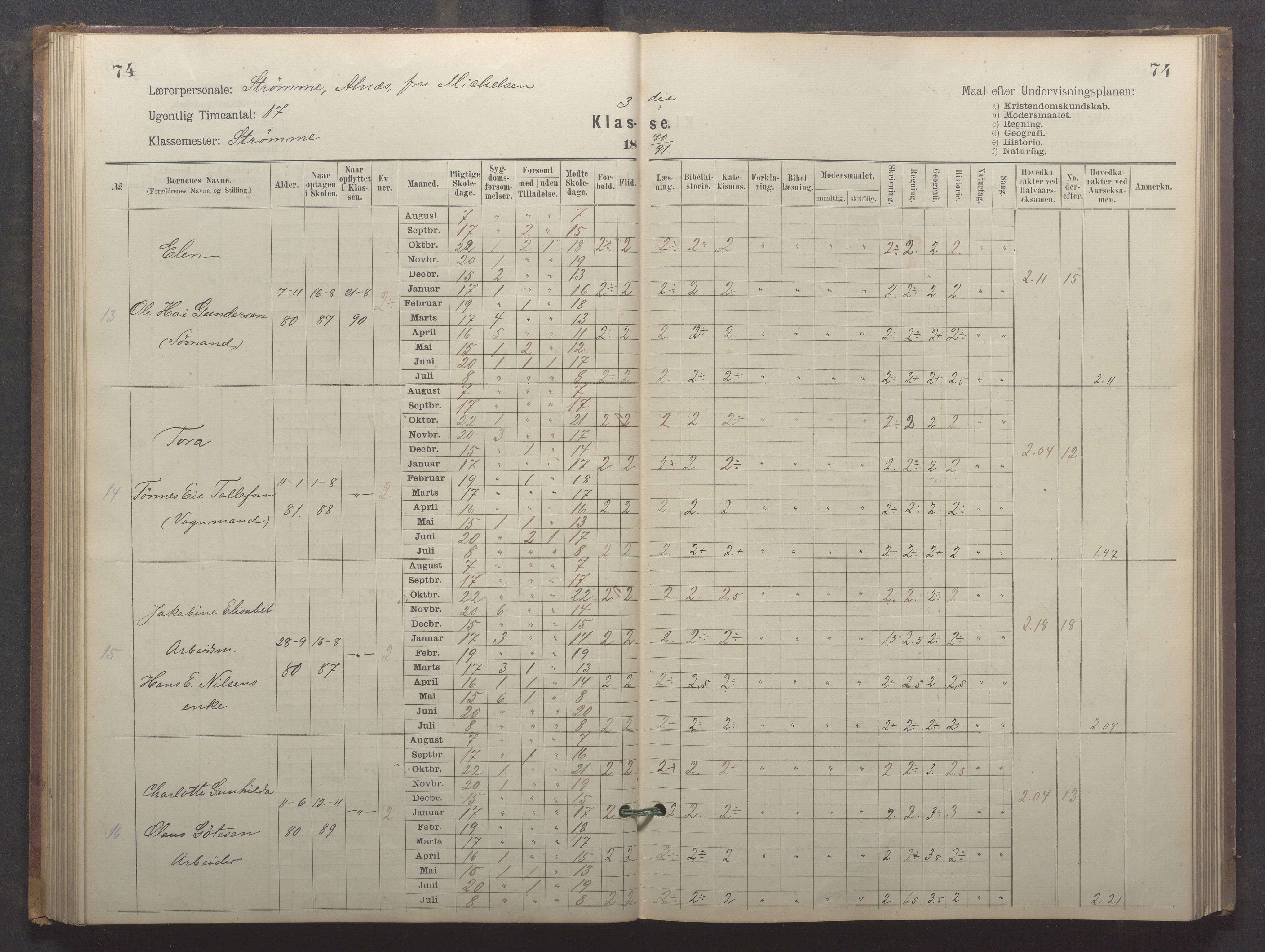 Egersund kommune (Ladested) - Egersund almueskole/folkeskole, IKAR/K-100521/H/L0024: Skoleprotokoll - Almueskolen, 3. klasse, 1887-1892, s. 74
