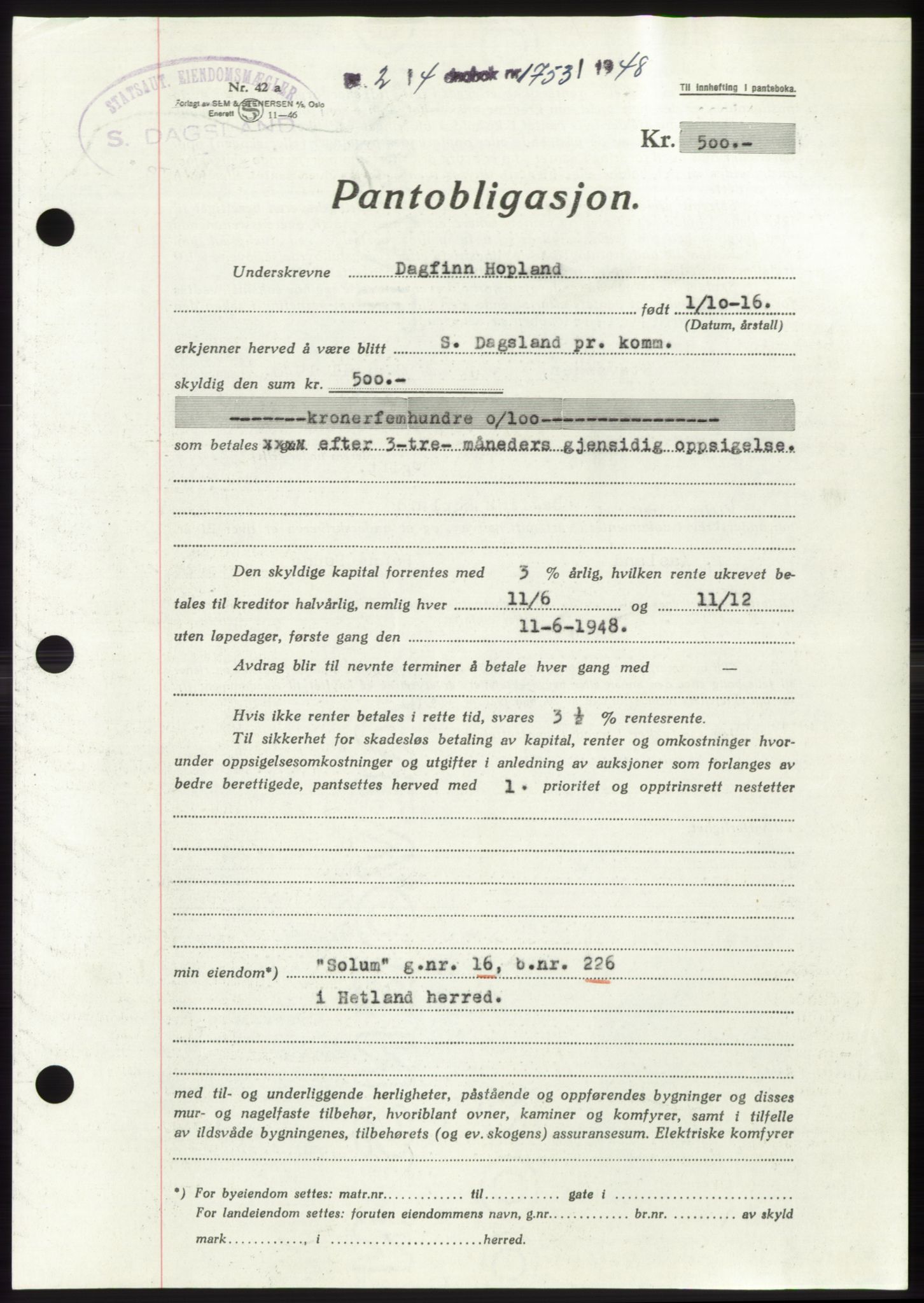 Jæren sorenskriveri, SAST/A-100310/03/G/Gba/L0098: Pantebok, 1948-1948, Dagboknr: 1753/1948