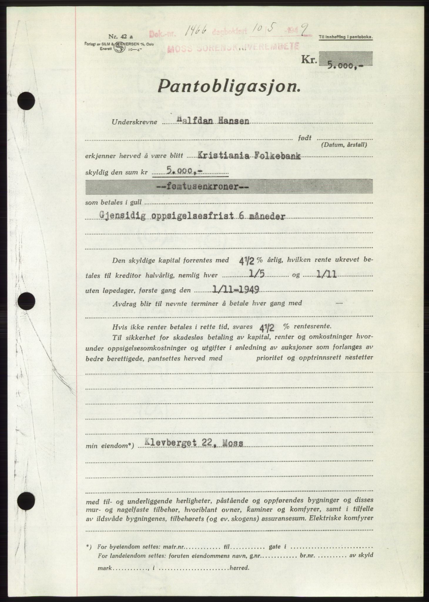 Moss sorenskriveri, SAO/A-10168: Pantebok nr. B21, 1949-1949, Dagboknr: 1466/1949