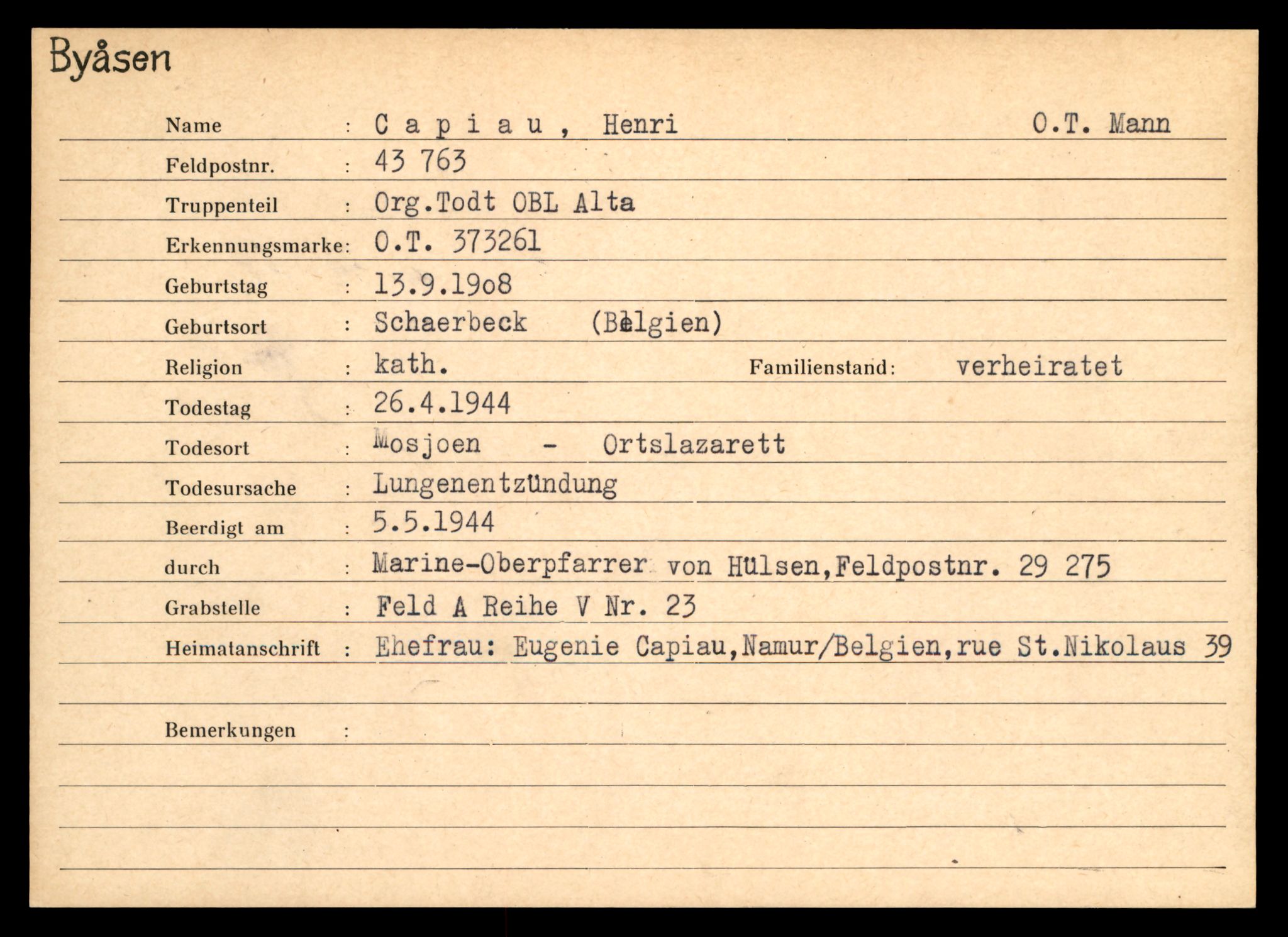 Distriktskontoret for krigsgraver, SAT/A-5030/E/L0004: Kasett/kartotek over tysk Krigskirkegård på Byåsen, 1945, s. 223