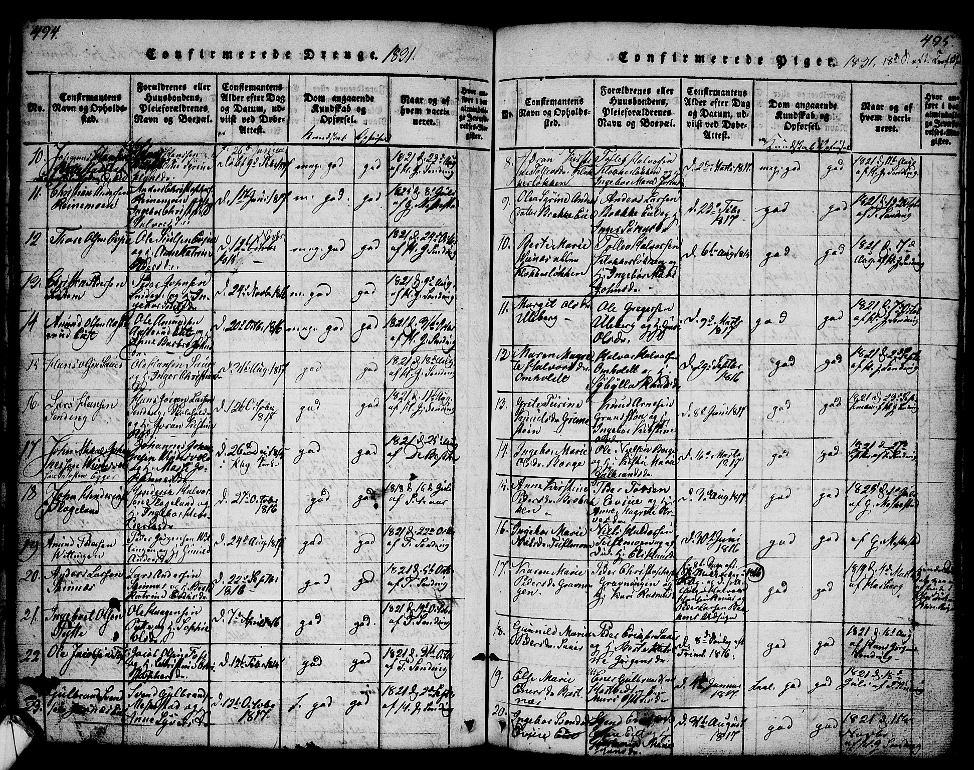 Sandsvær kirkebøker, SAKO/A-244/G/Ga/L0003: Klokkerbok nr. I 3, 1817-1839, s. 494-495