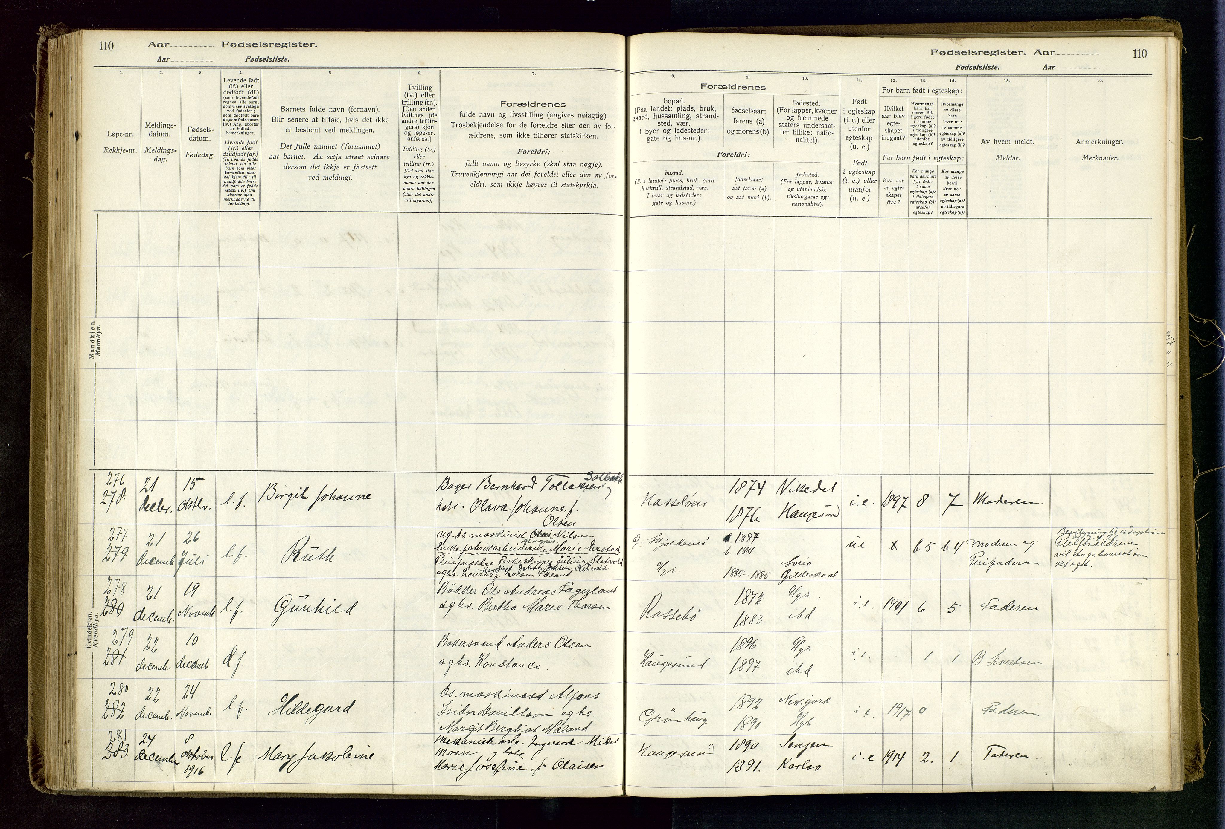 Haugesund sokneprestkontor, AV/SAST-A -101863/I/Id/L0003: Fødselsregister nr. 1, 1916-1919, s. 110