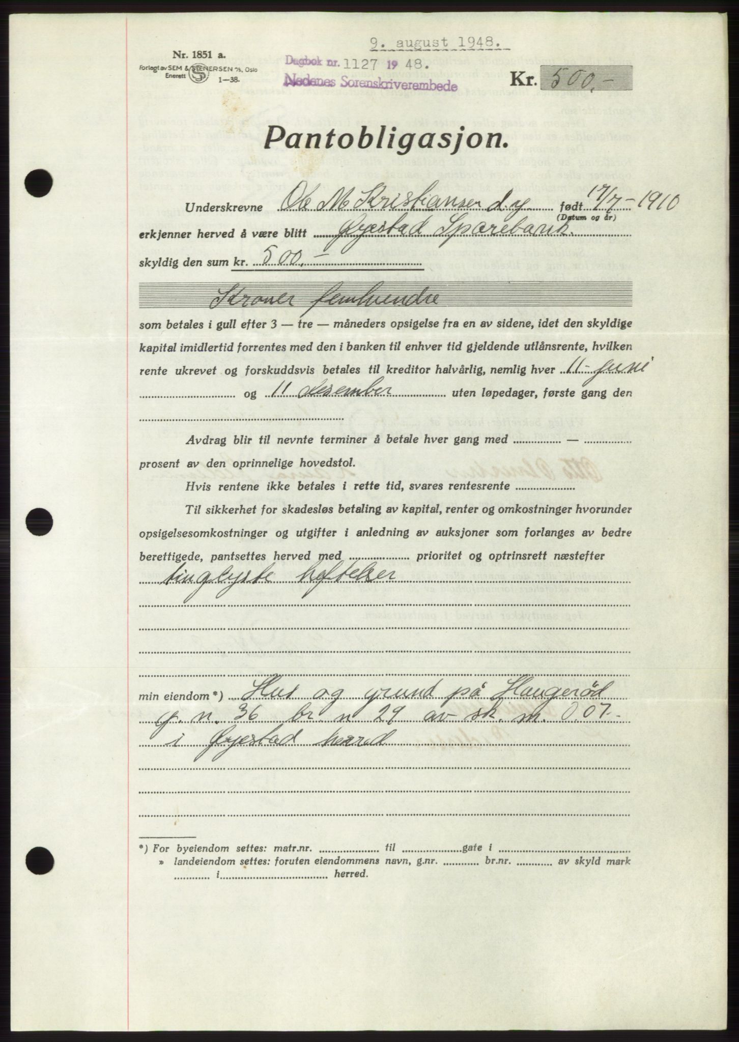 Nedenes sorenskriveri, AV/SAK-1221-0006/G/Gb/Gbb/L0005: Pantebok nr. B5, 1948-1948, Dagboknr: 1127/1948