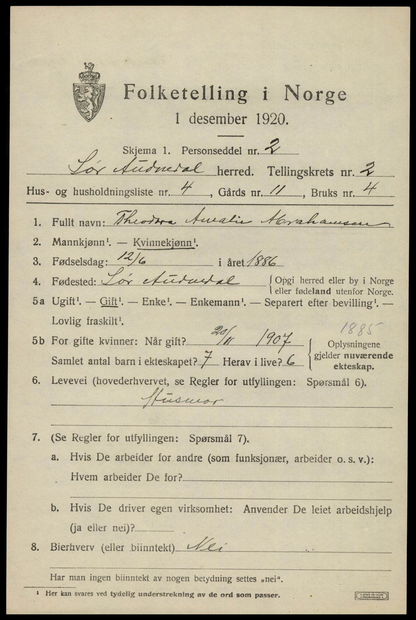 SAK, Folketelling 1920 for 1029 Sør-Audnedal herred, 1920, s. 1613