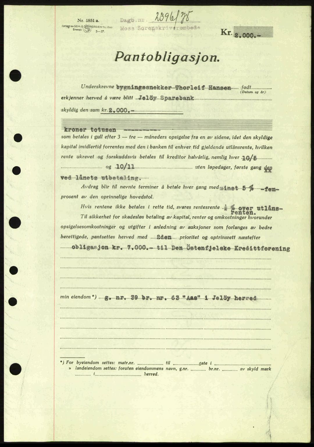 Moss sorenskriveri, SAO/A-10168: Pantebok nr. B6, 1938-1938, Dagboknr: 2396/1938