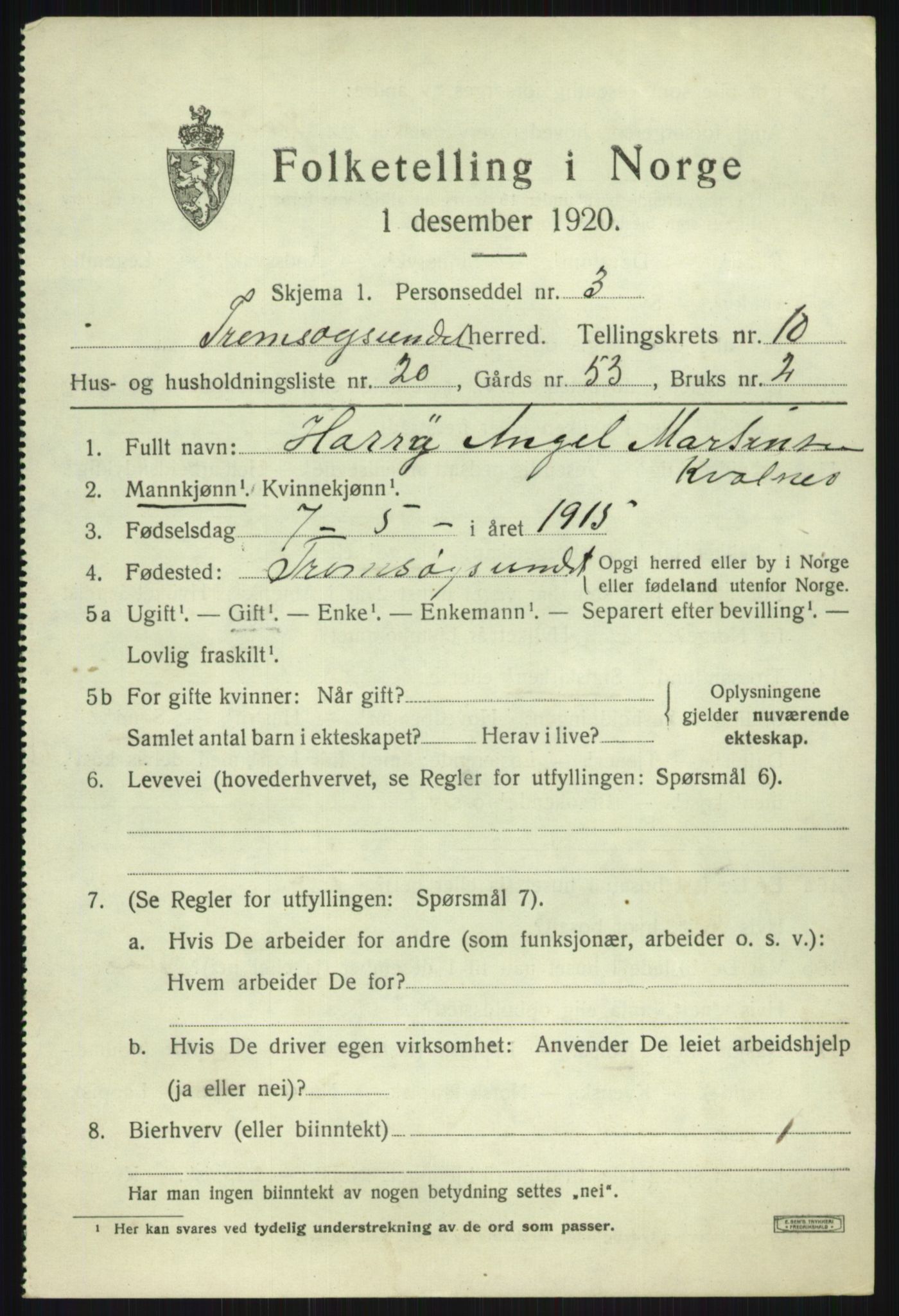SATØ, Folketelling 1920 for 1934 Tromsøysund herred, 1920, s. 7196