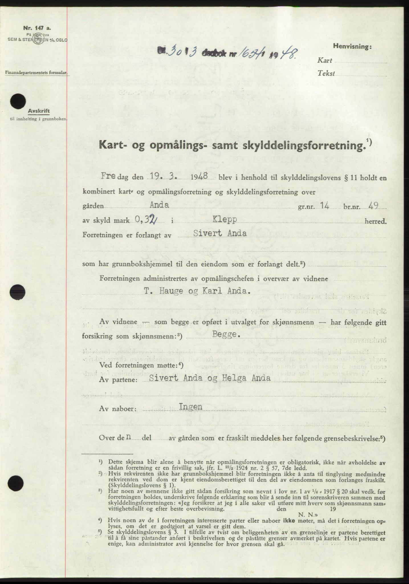 Jæren sorenskriveri, SAST/A-100310/03/G/Gba/L0098: Pantebok, 1948-1948, Dagboknr: 1654/1948