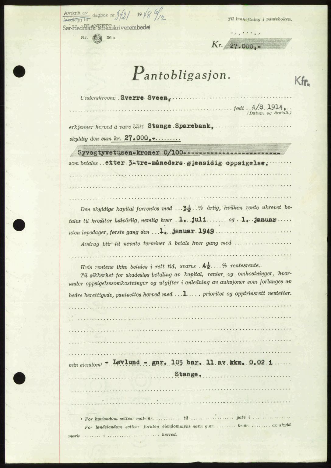 Sør-Hedmark sorenskriveri, SAH/TING-014/H/Hb/Hbd/L0018: Pantebok nr. 18, 1948-1949, Dagboknr: 3421/1948