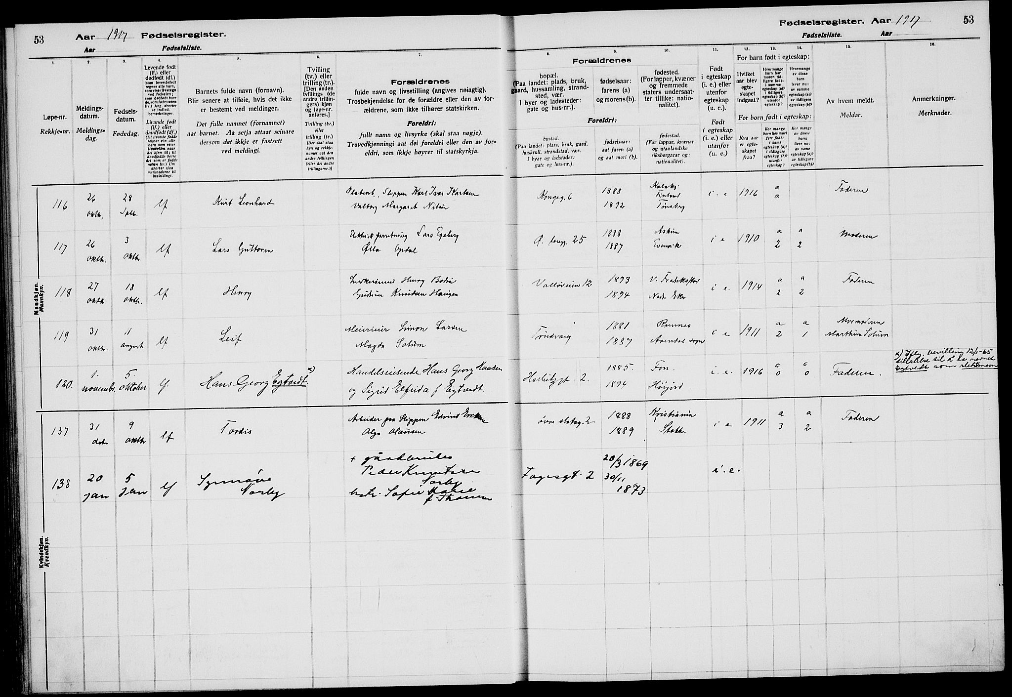 Tønsberg kirkebøker, AV/SAKO-A-330/J/Ja/L0001: Fødselsregister nr. 1, 1916-1922, s. 53