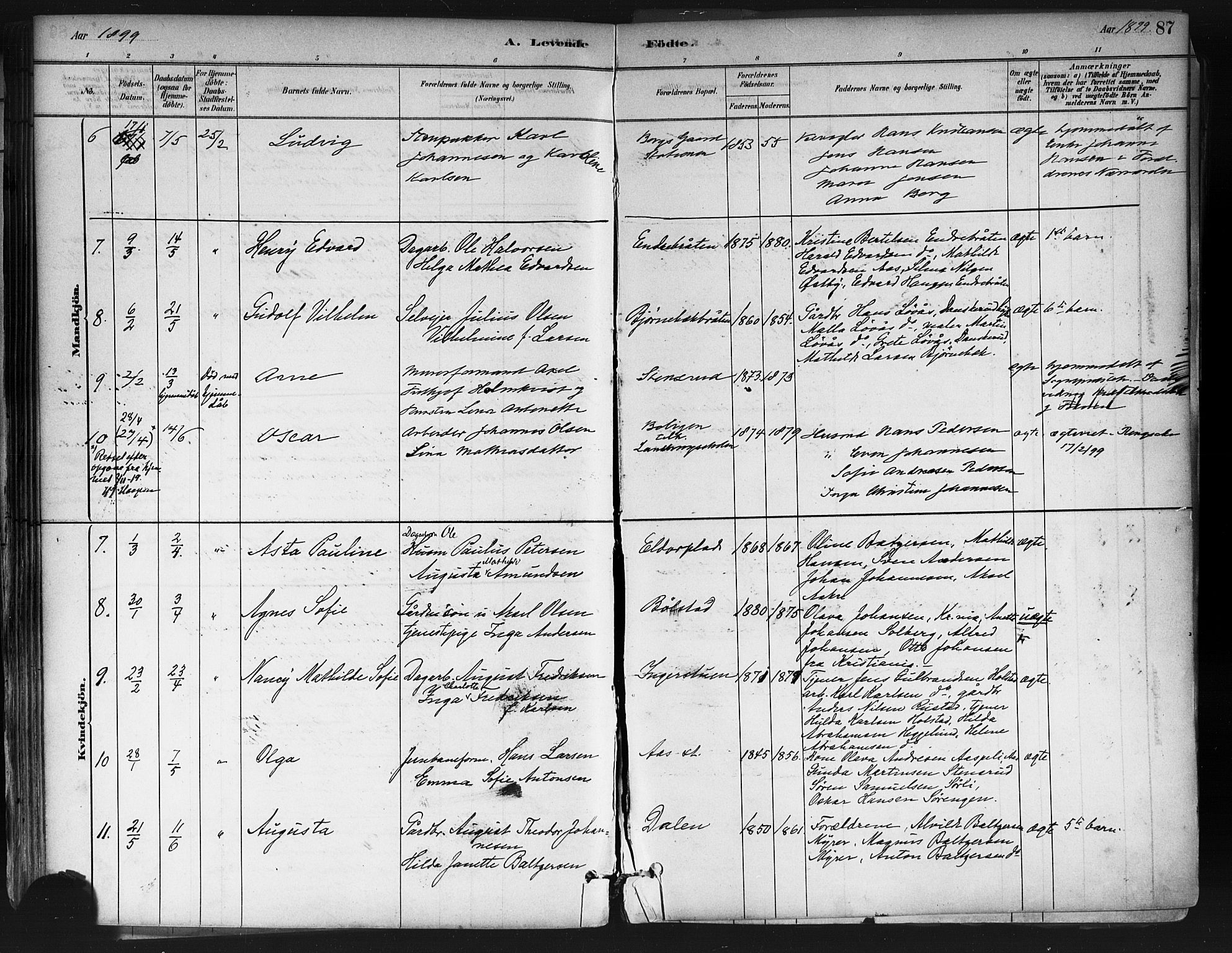 Ås prestekontor Kirkebøker, AV/SAO-A-10894/F/Fa/L0009: Ministerialbok nr. I 9, 1881-1900, s. 87