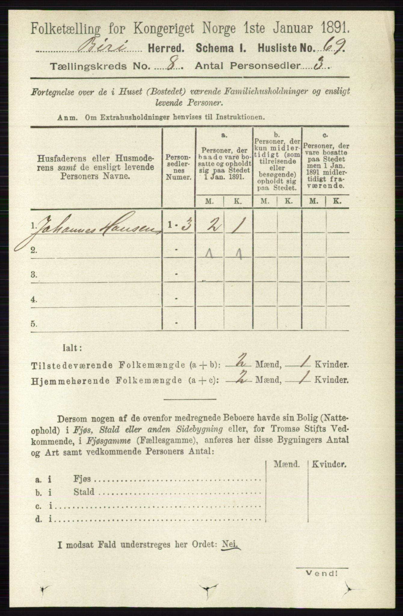 RA, Folketelling 1891 for 0525 Biri herred, 1891, s. 2905