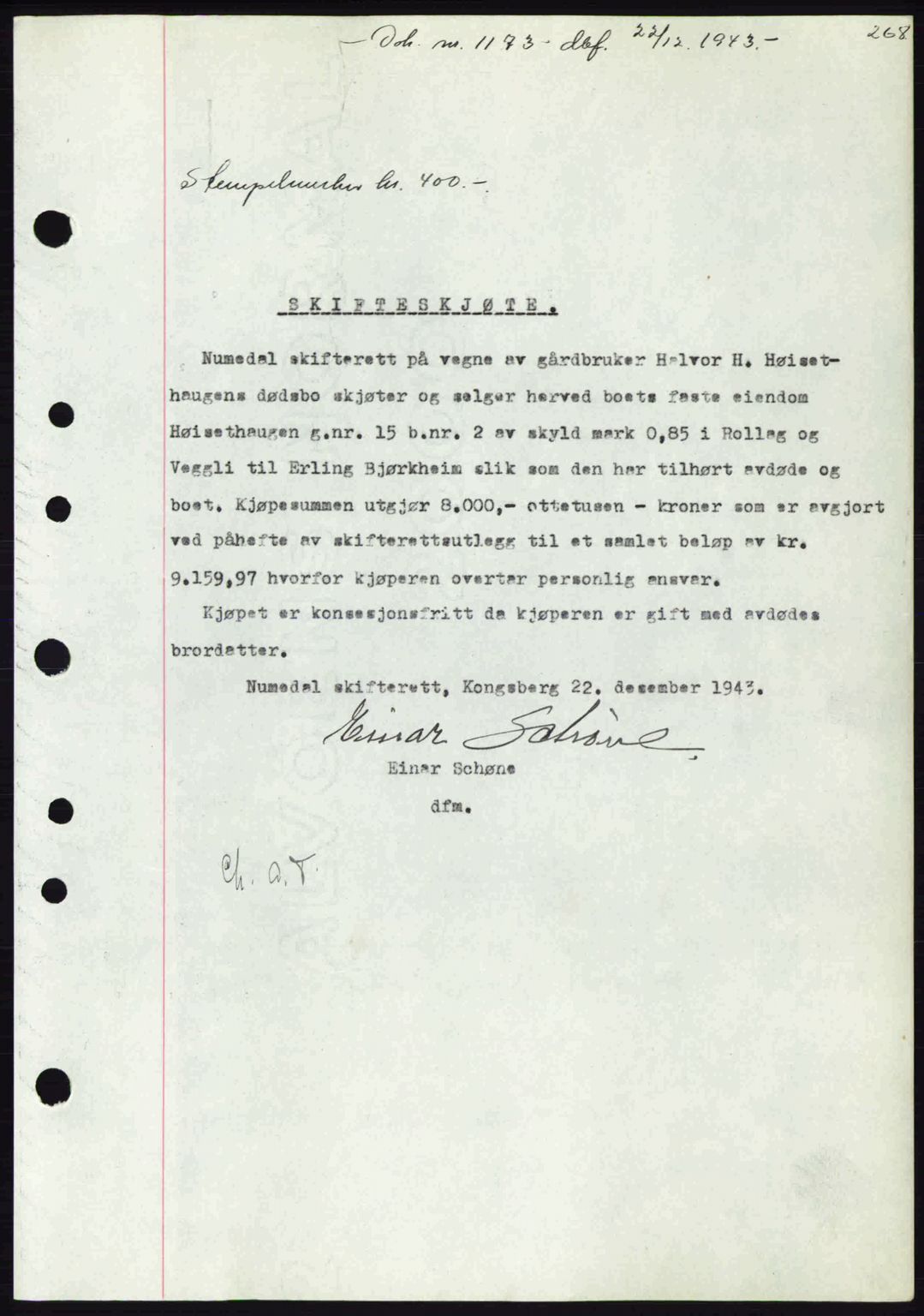 Numedal og Sandsvær sorenskriveri, SAKO/A-128/G/Ga/Gaa/L0055: Pantebok nr. A7, 1943-1944, Dagboknr: 1173/1943