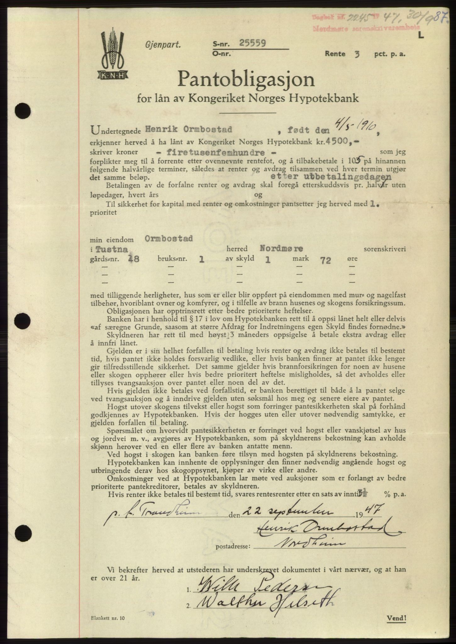 Nordmøre sorenskriveri, AV/SAT-A-4132/1/2/2Ca: Pantebok nr. B97, 1947-1948, Dagboknr: 2245/1947