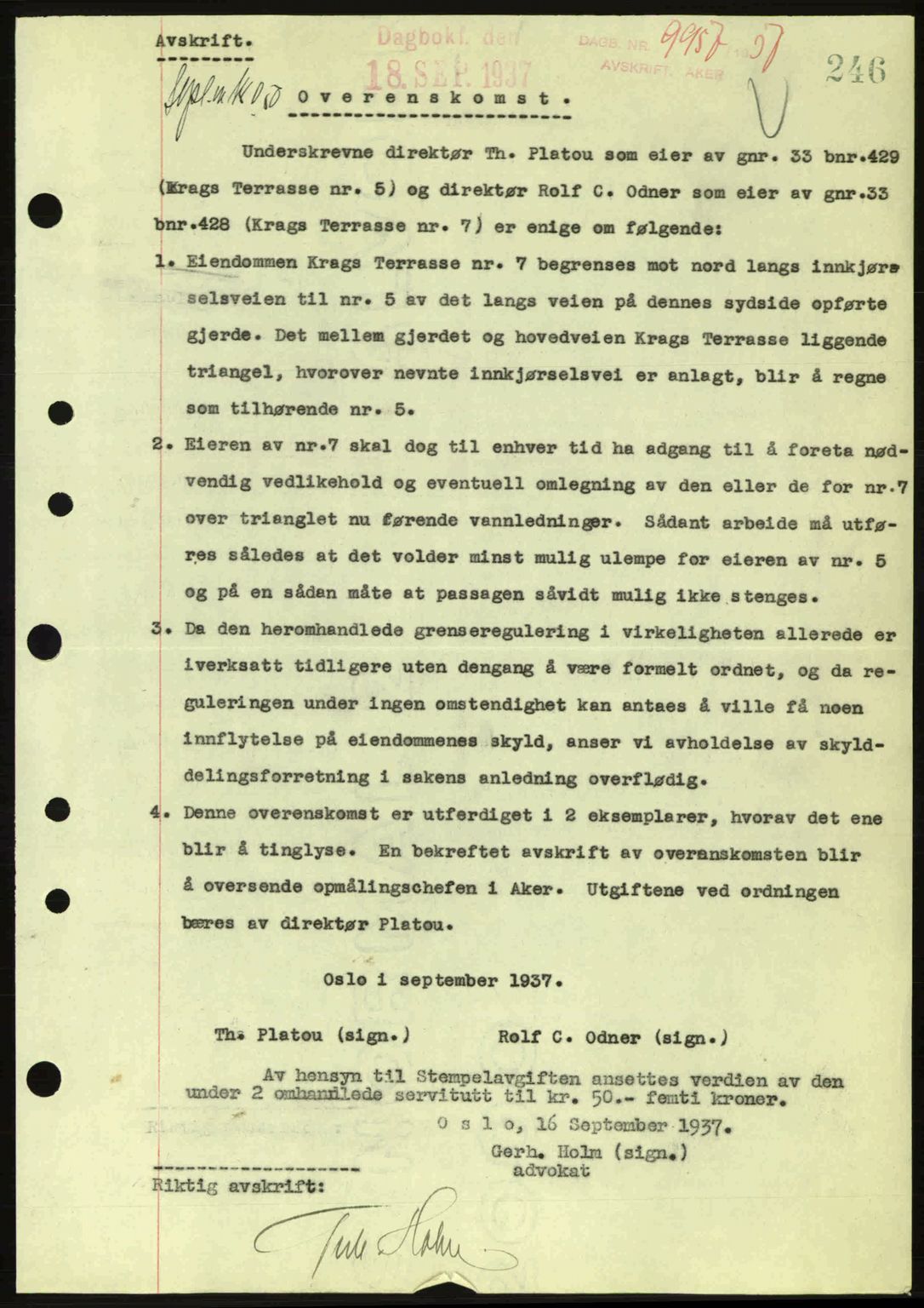 Aker herredsskriveri, SAO/A-10896/G/Gb/Gba/Gbab/L0017: Pantebok nr. A148, 1937-1937, Dagboknr: 9957/1937